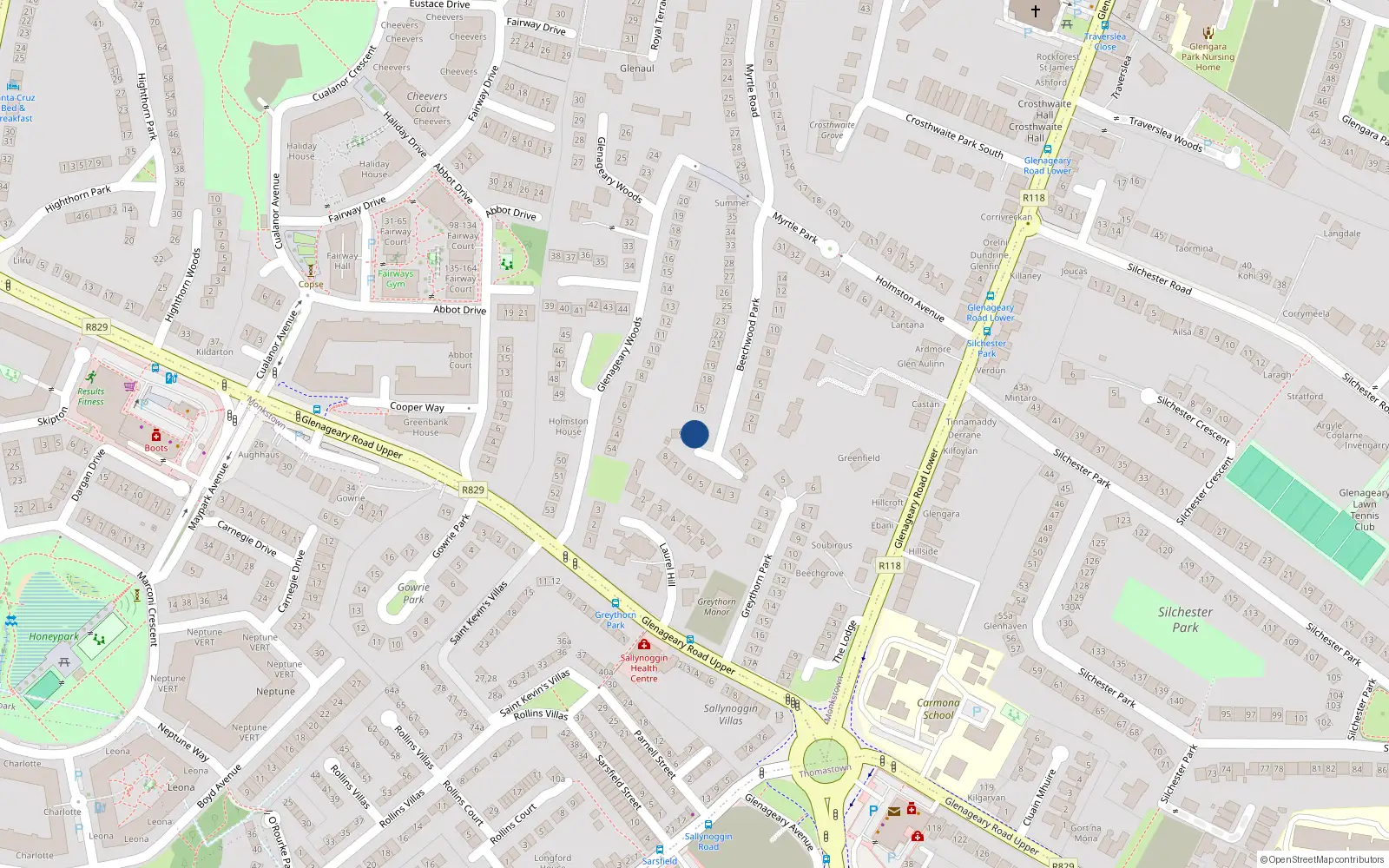 Overhead map showing the location of 10 Beechwood Grove, Dun Laoghaire, Co Dublin