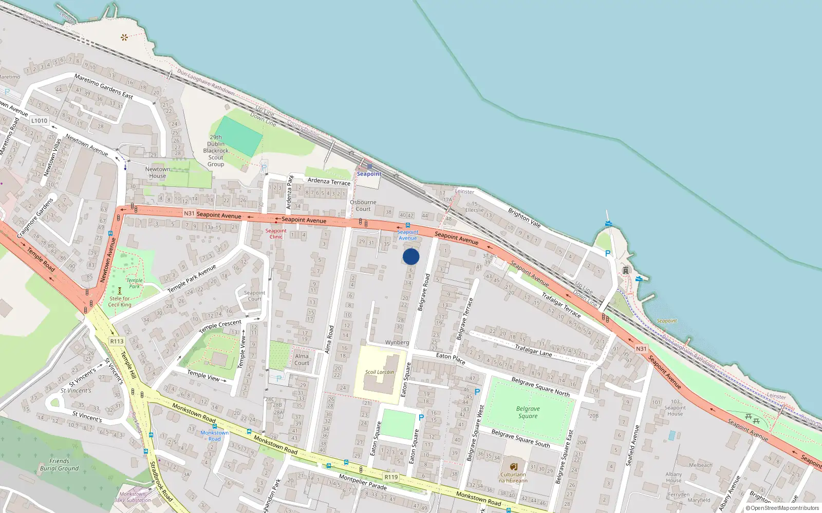 Overhead map showing the location of 10 Belgrave Road, Blackrock