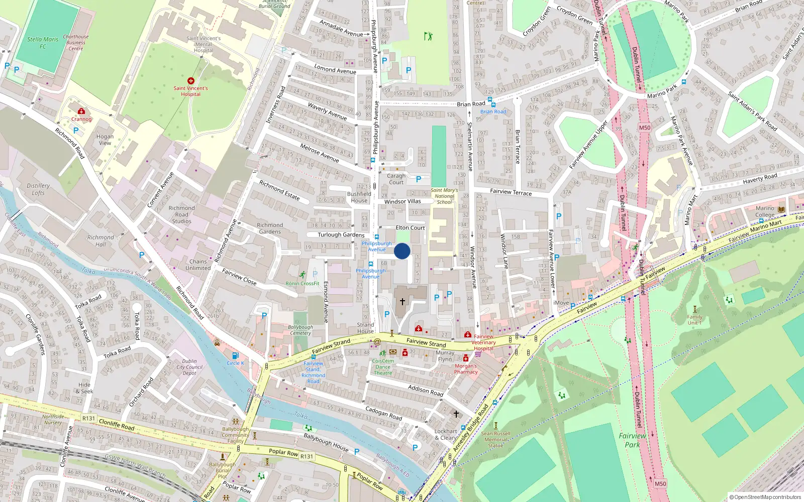 Overhead map showing the location of 10 Belmont Court, Fairview, Dublin 3