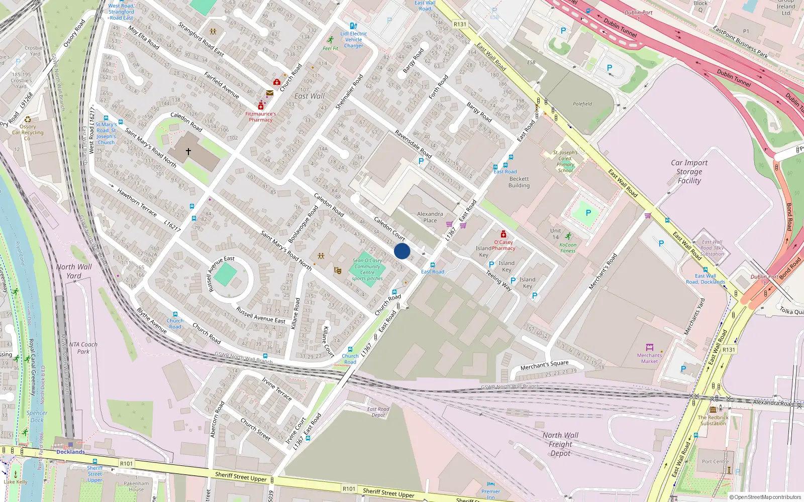 Overhead map showing the location of 10 Caledon Road, East Wall, Dublin 3