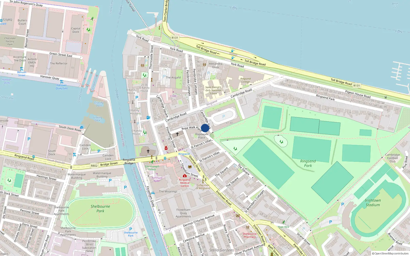Overhead map showing the location of 10 Cambridge Park, Ringsend