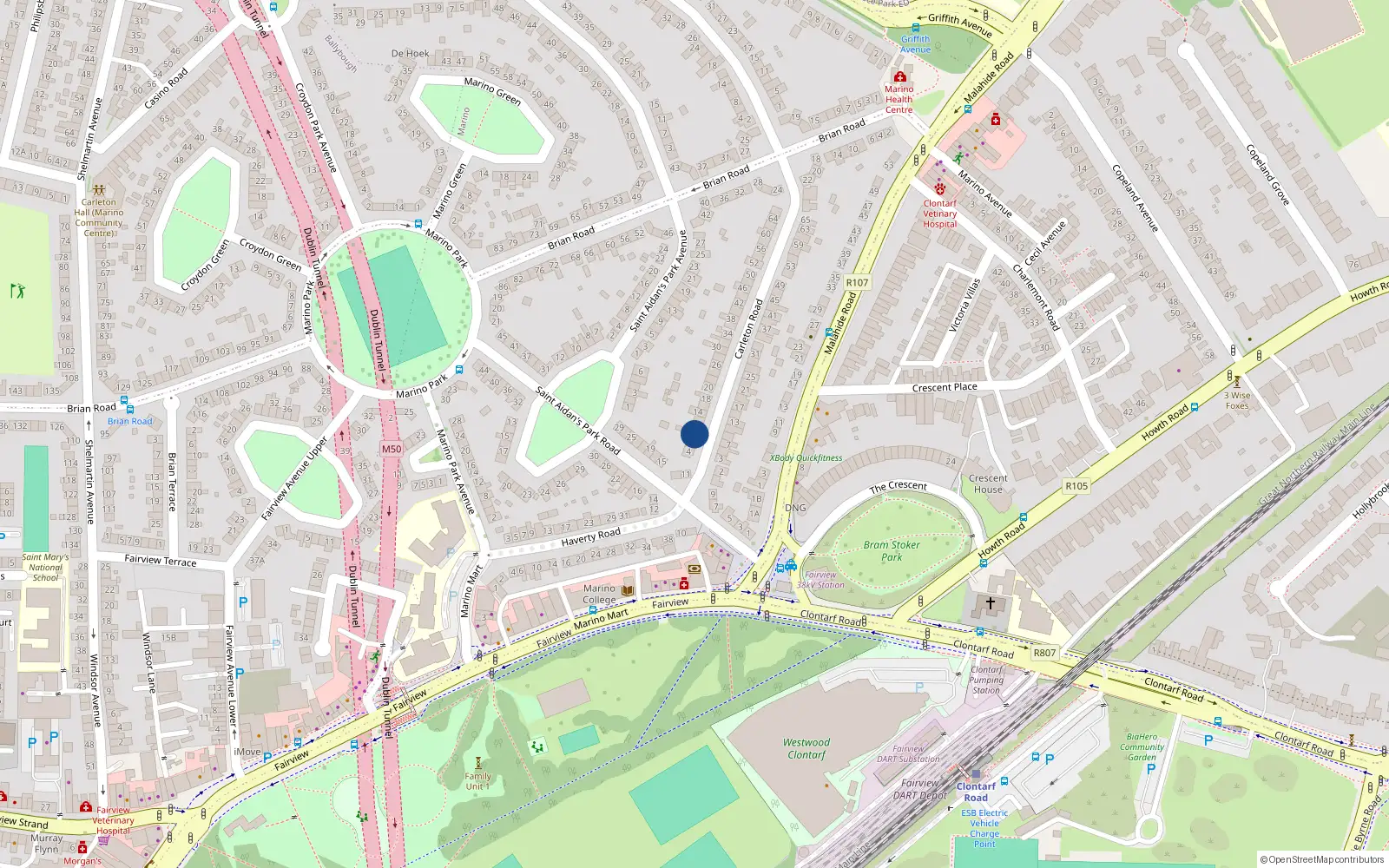 Overhead map showing the location of 10 Carlton Road, Marino, Dublin 3