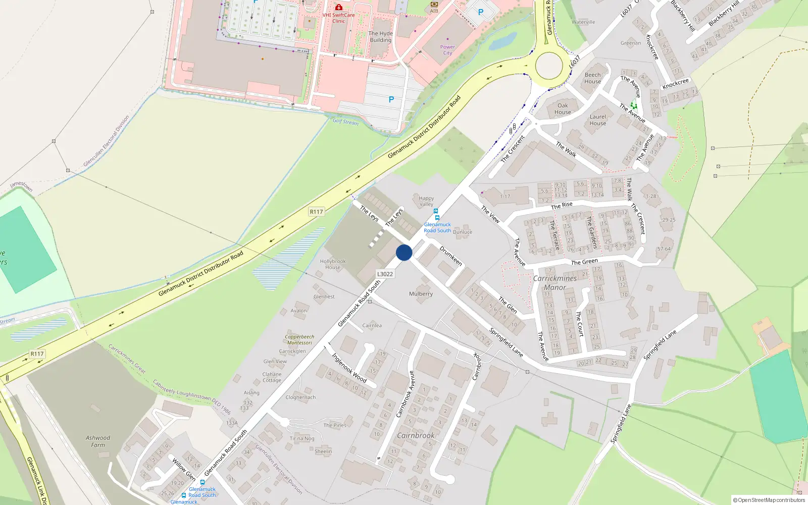 Overhead map showing the location of 10 Carricail, Carrickmines