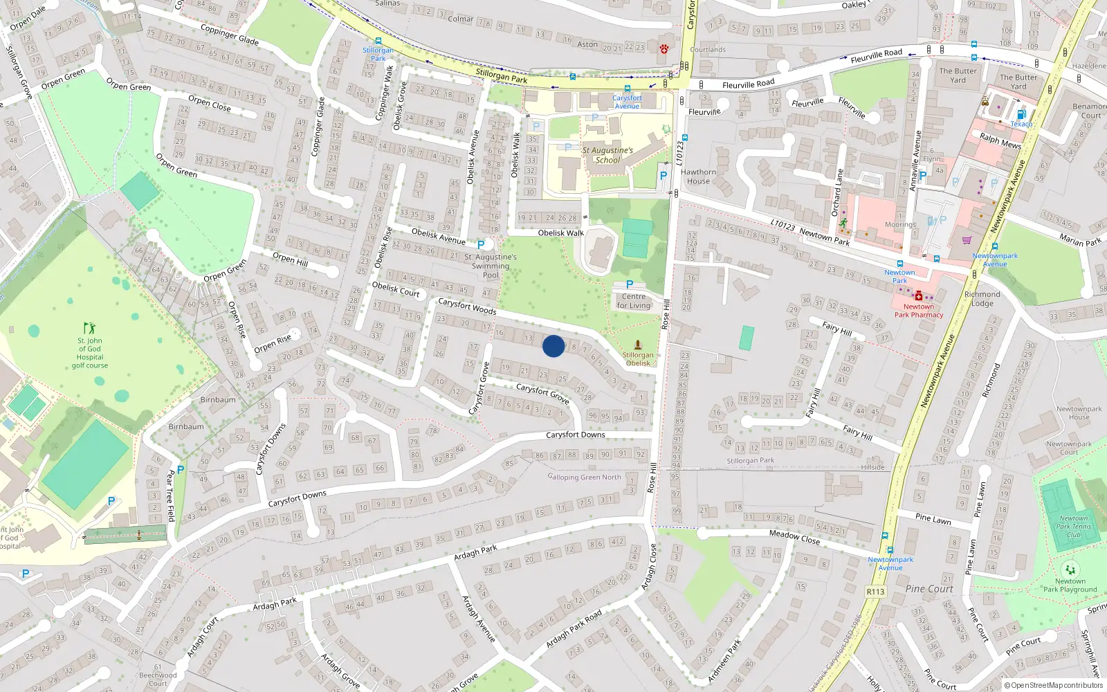 Overhead map showing the location of 10 Carysfort Woods, Blackrock, Co Dublin