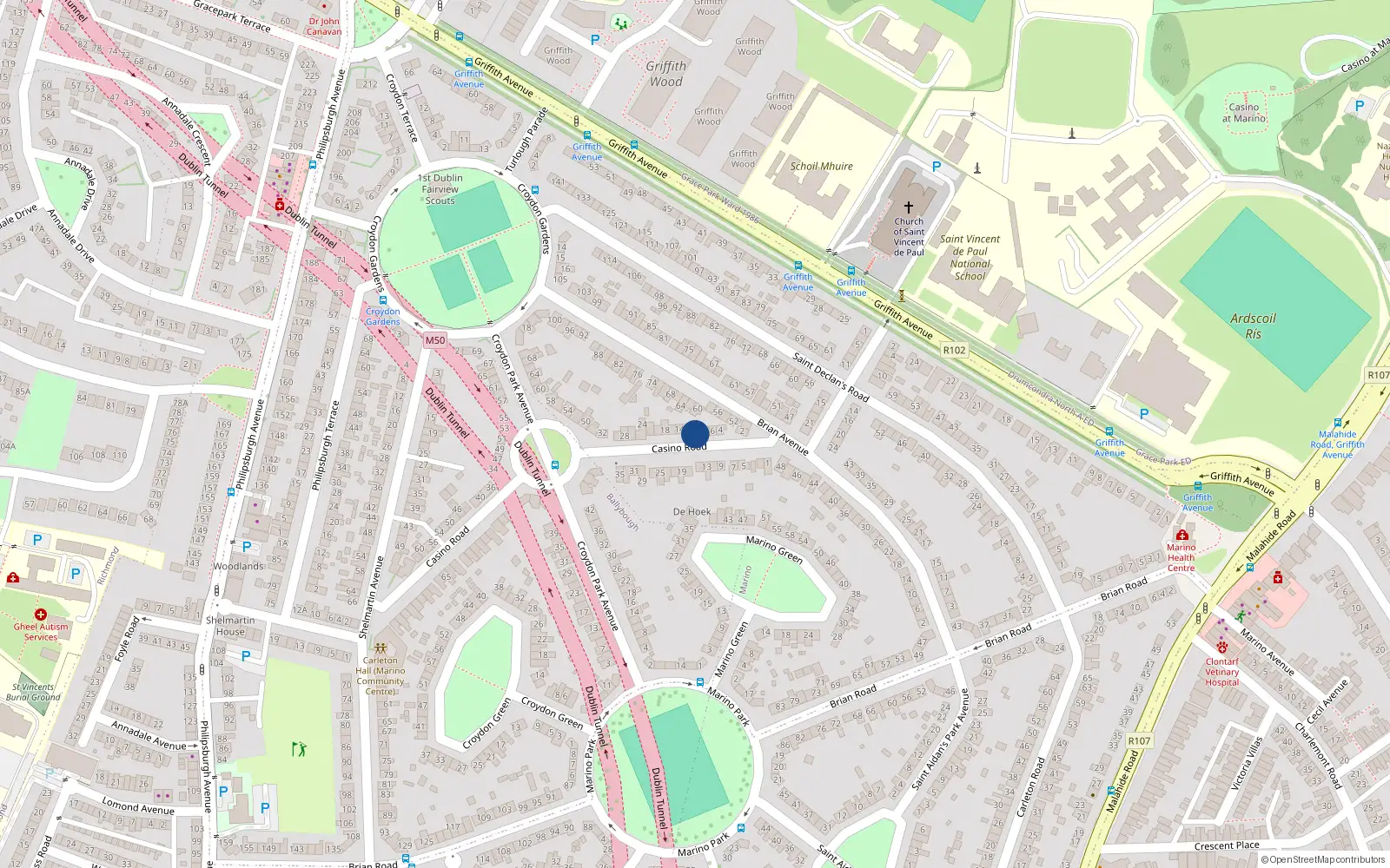Overhead map showing the location of 10 Casino Road, Marino, Dublin 3