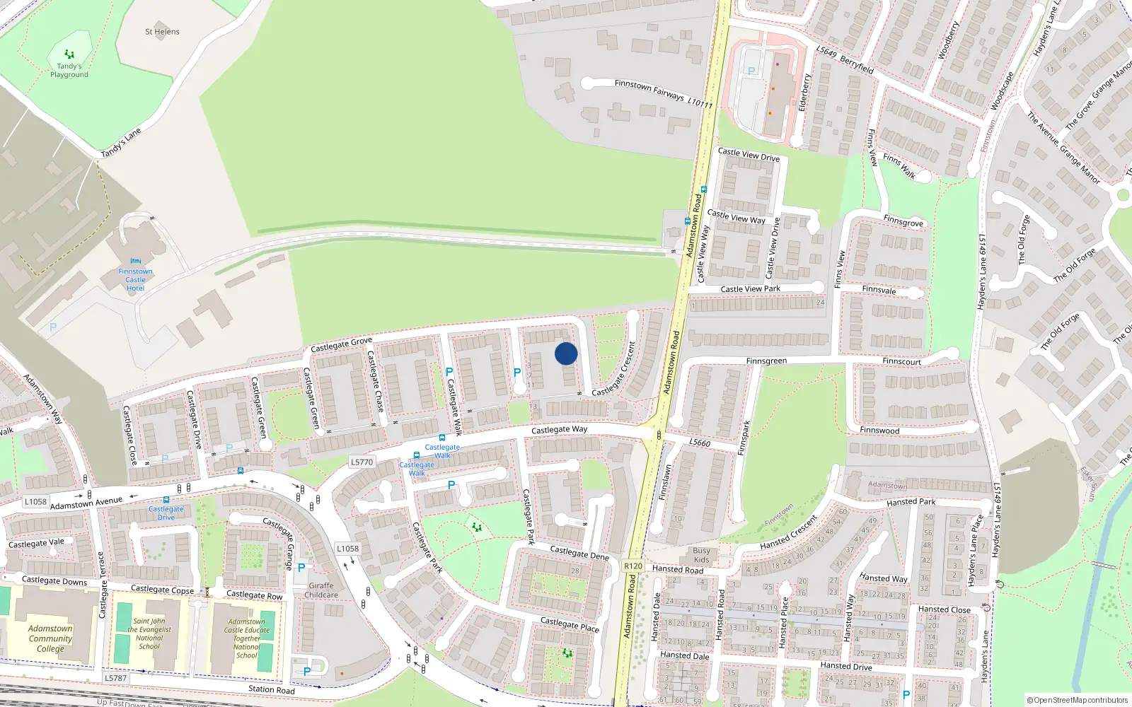 Overhead map showing the location of 10 Castlegate Crescent, Adamstown, Lucan
