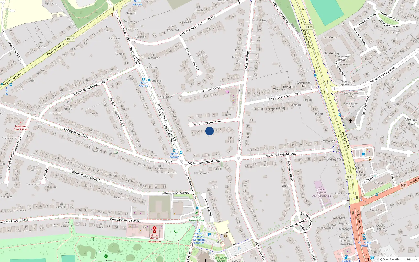 Overhead map showing the location of 10 Chestnut Road, Mount Merrion, Dublin