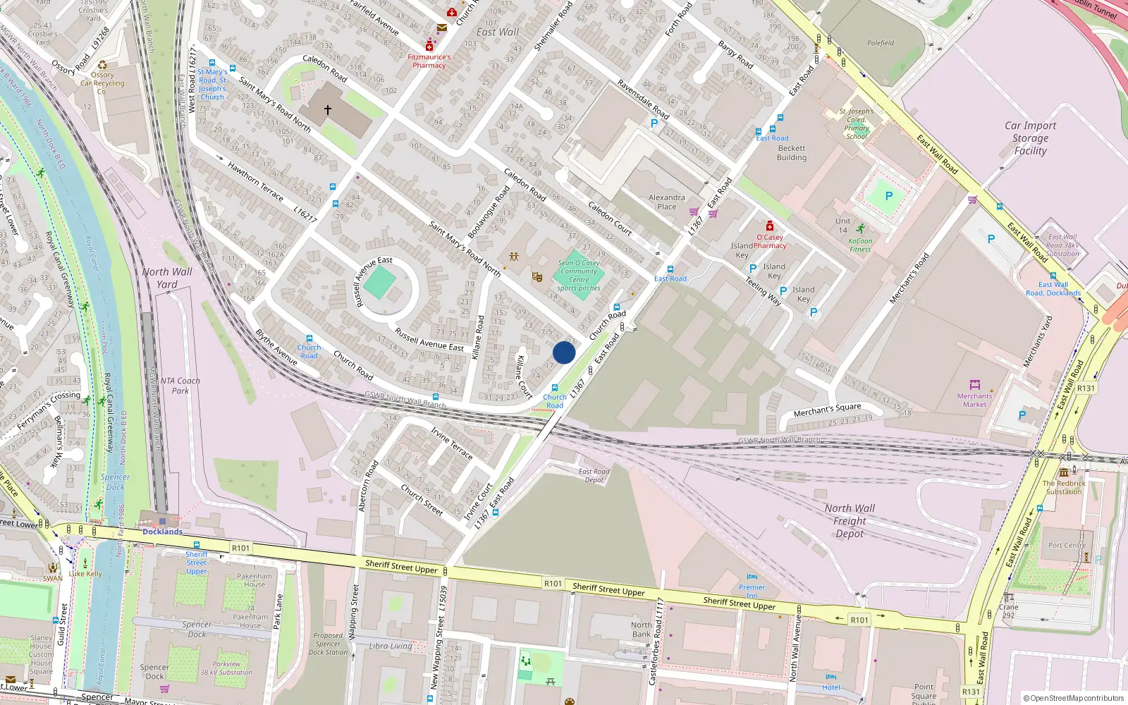 Overhead map showing the location of 10 Church Road, East Wall, Dublin 3
