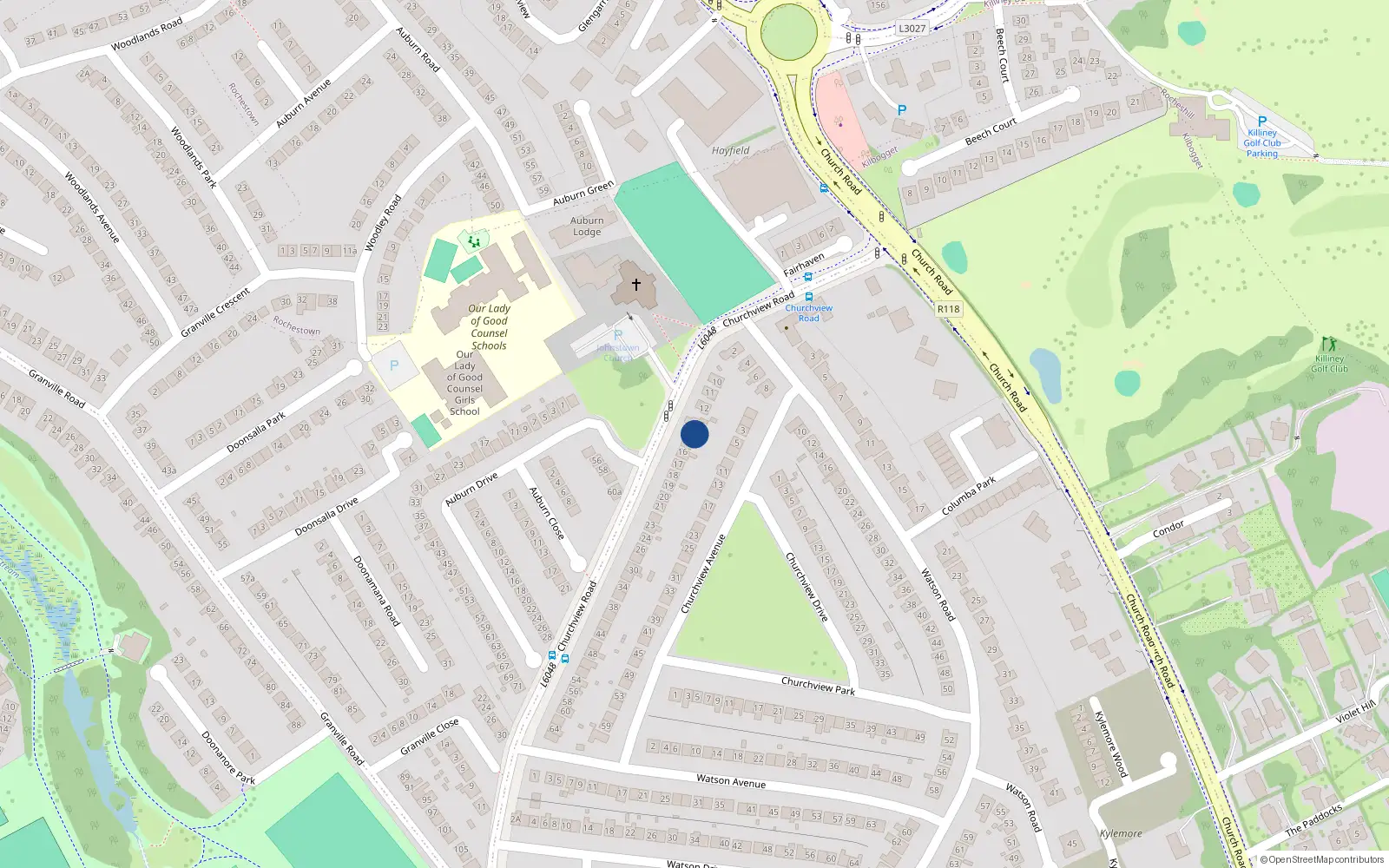 Overhead map showing the location of 10 Churchview Road, Dublin