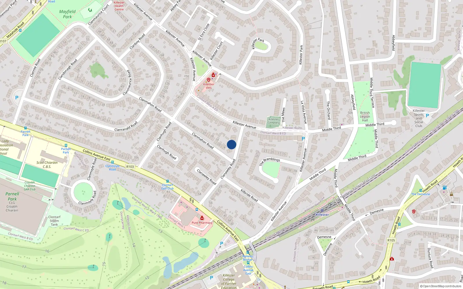 Overhead map showing the location of 10 Clanawley Road, Dublin 5, Dublin