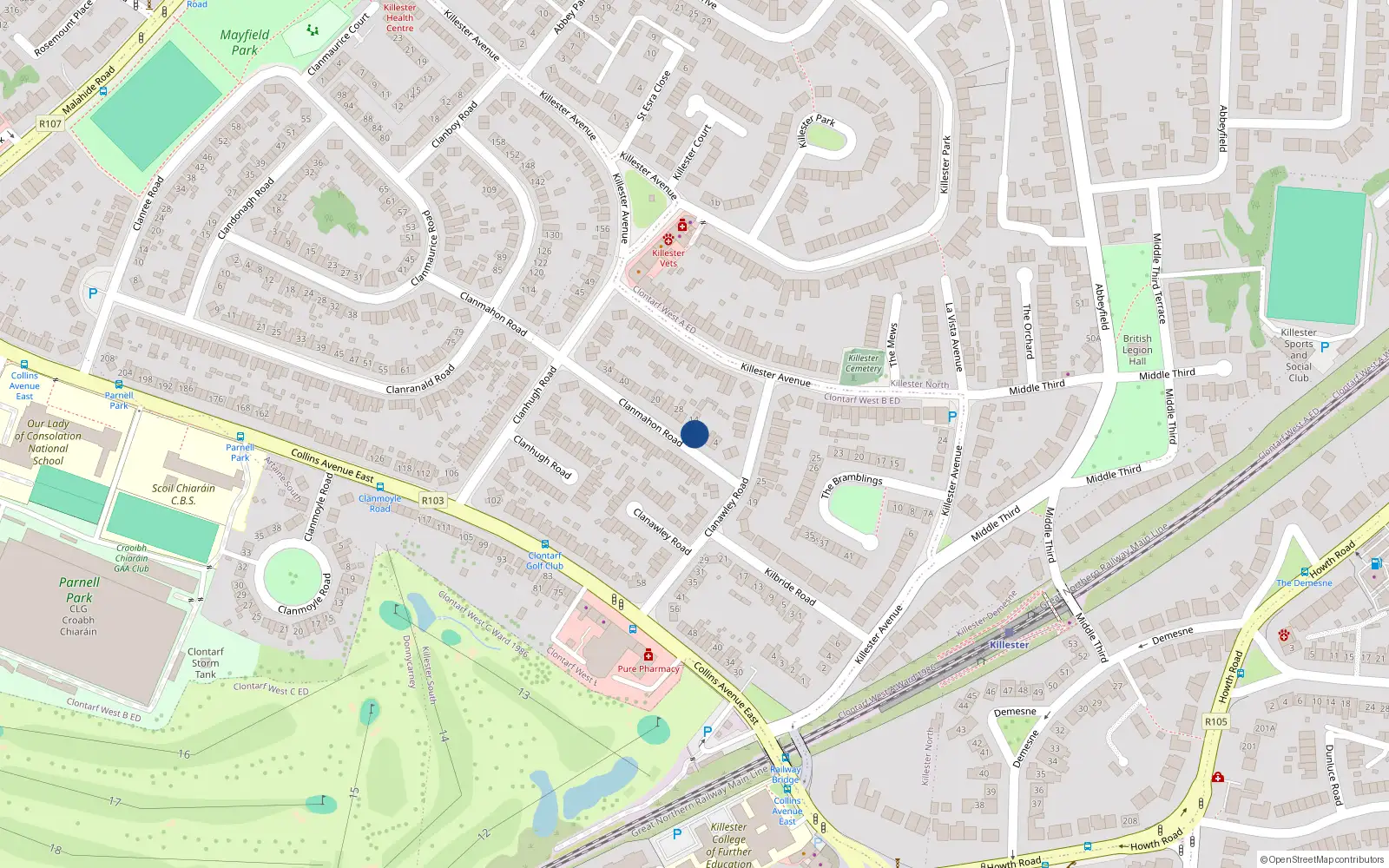 Overhead map showing the location of 10 Clanmahon Road, Donnycarney, Dublin 5