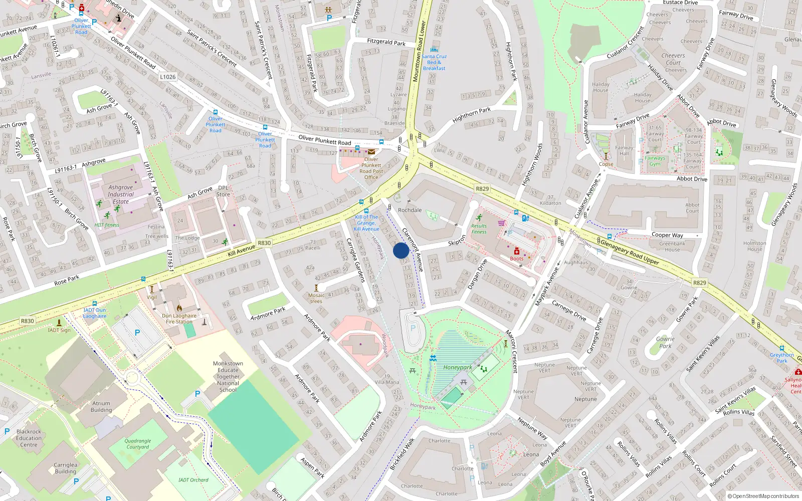 Overhead map showing the location of 10 Claremont Avenue, Dun Laoghaire