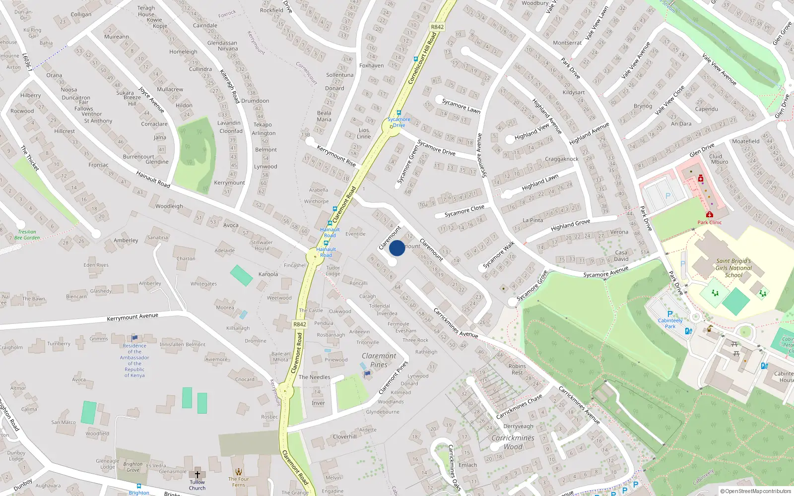 Overhead map showing the location of 10 Claremount, Dublin 18
