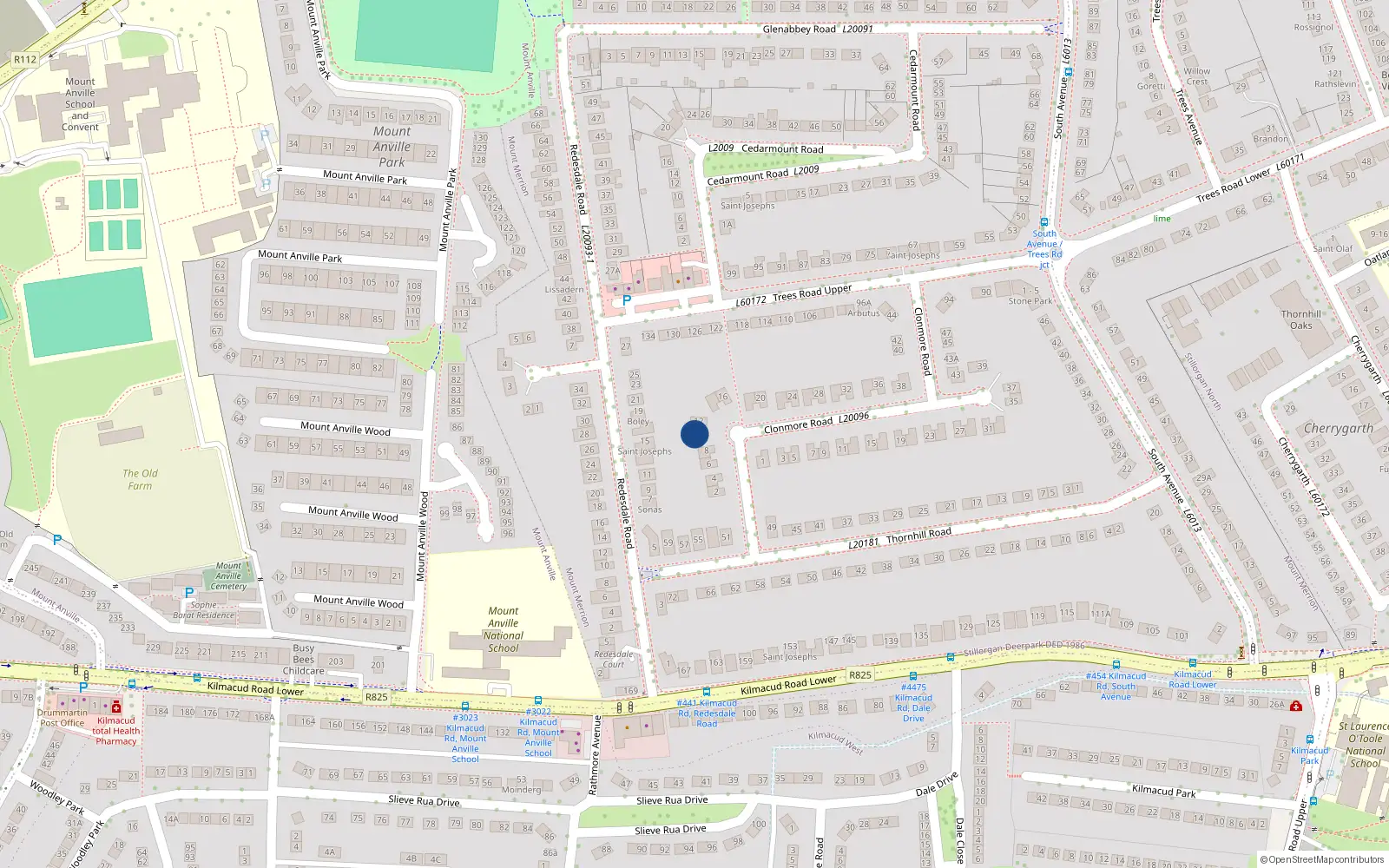 Overhead map showing the location of 10 Clonmore Road, Mount Merrion, Dublin