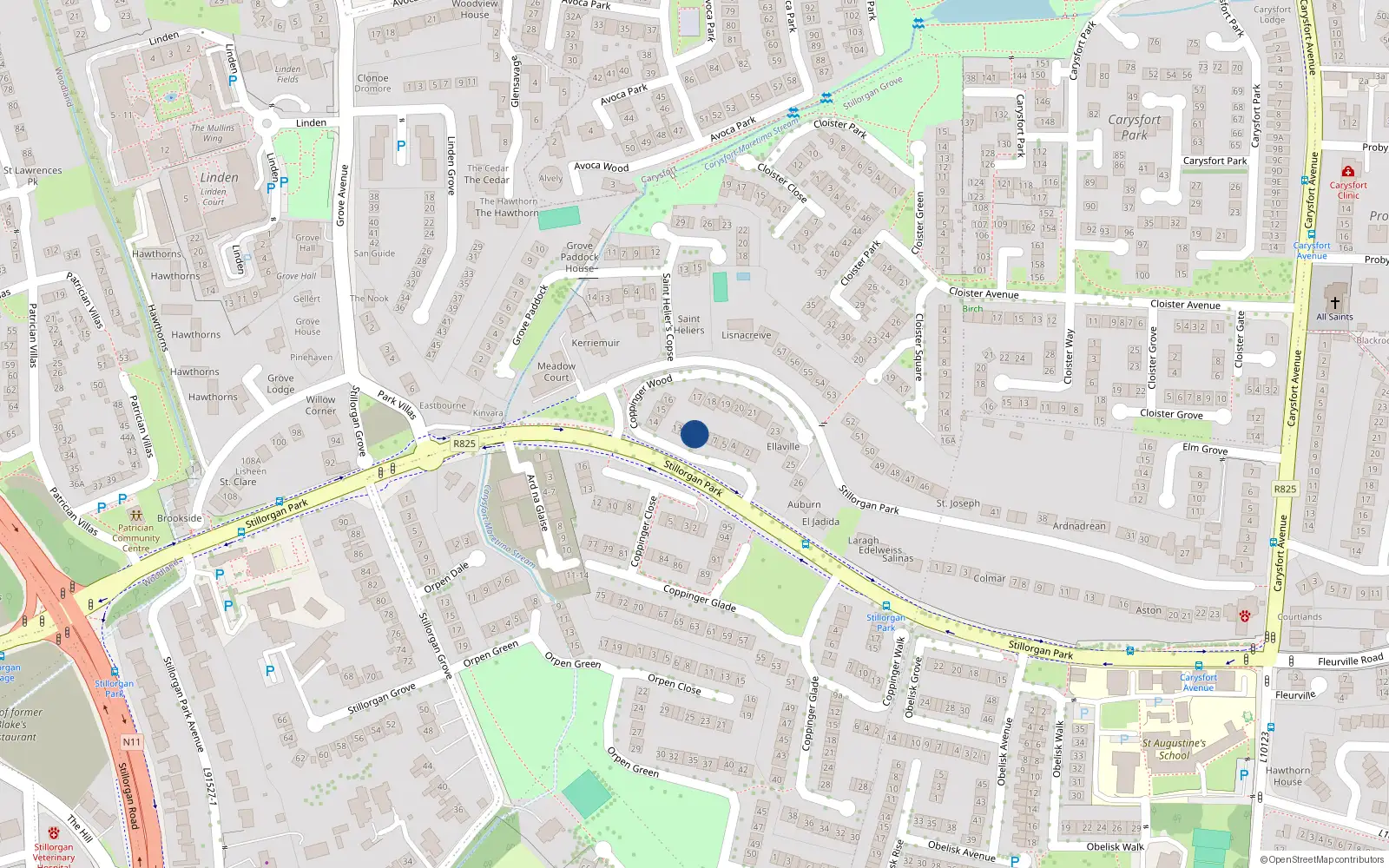 Overhead map showing the location of 10 Coppinger Wood, Stillorgan Park, Blackrock