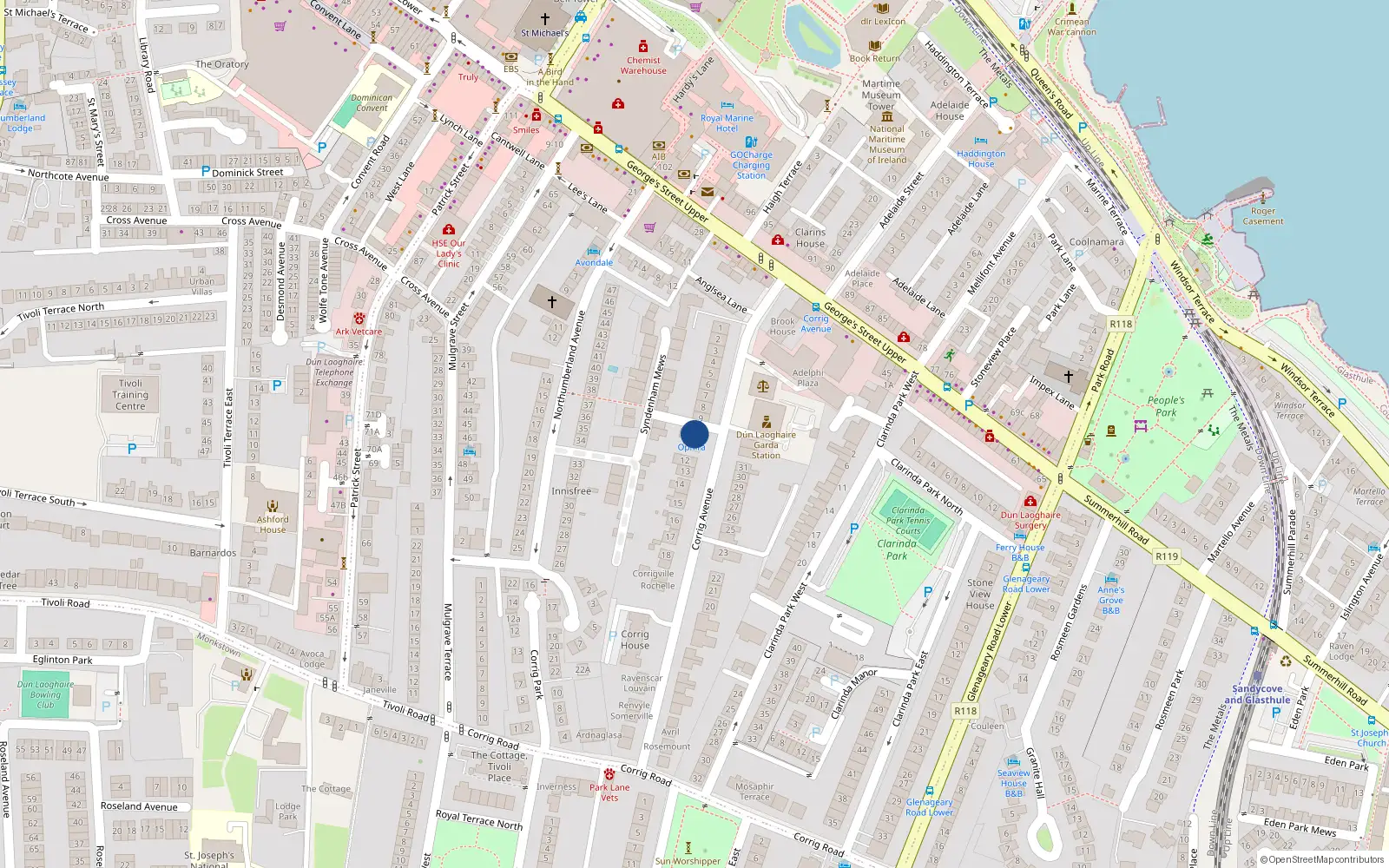 Overhead map showing the location of 10 Corrig Avenue, Dun Laoghaire, Dublin