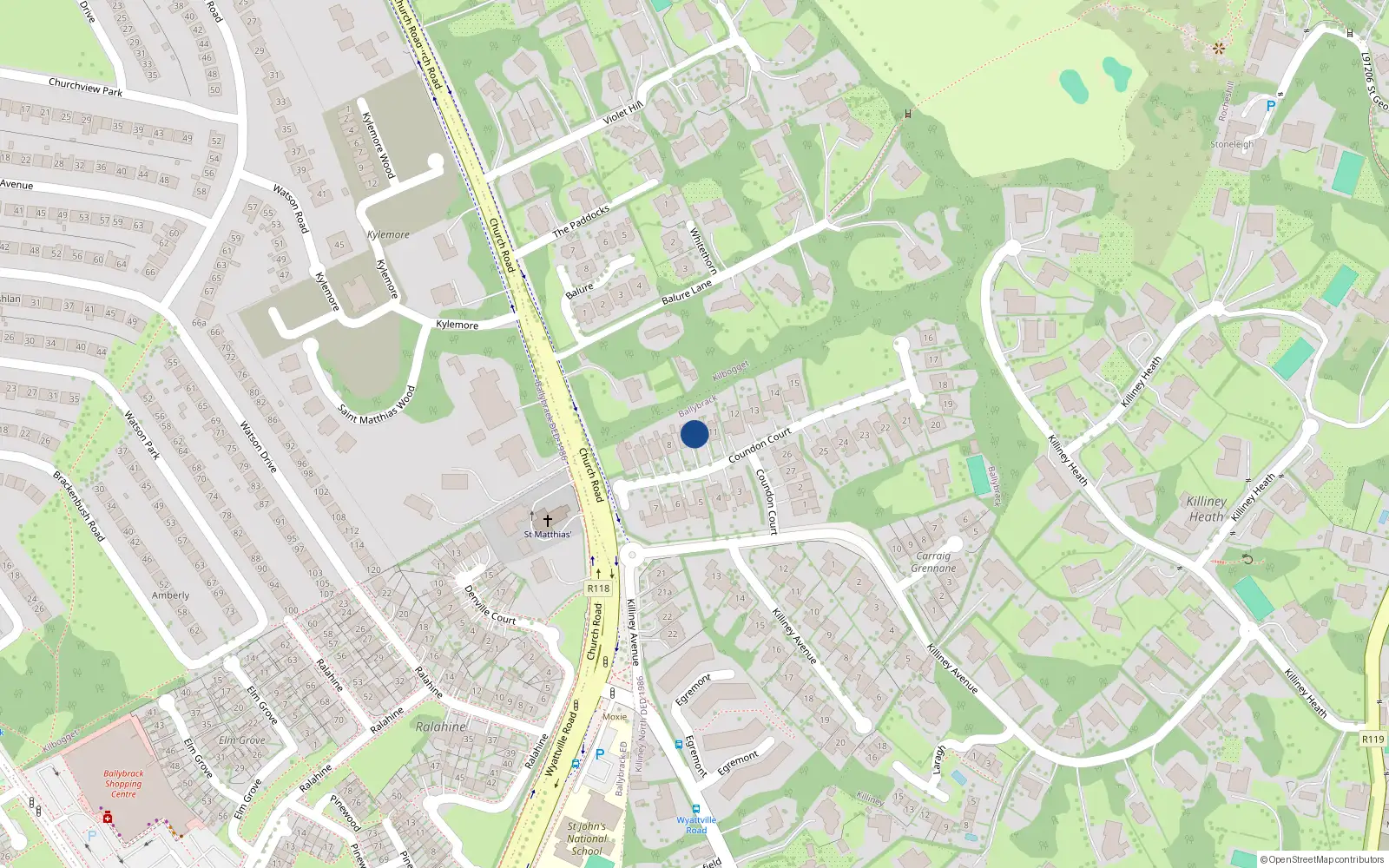 Overhead map showing the location of 10 Coundon Court, Killiney, County Dublin
