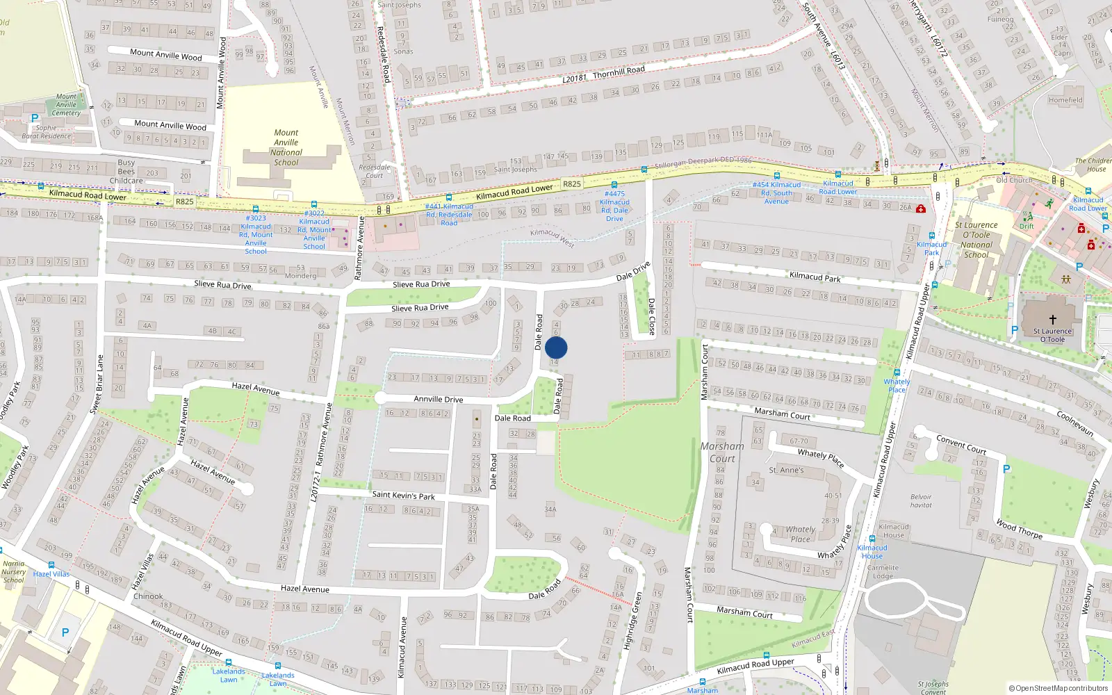 Overhead map showing the location of 10 Dale Road, Dublin