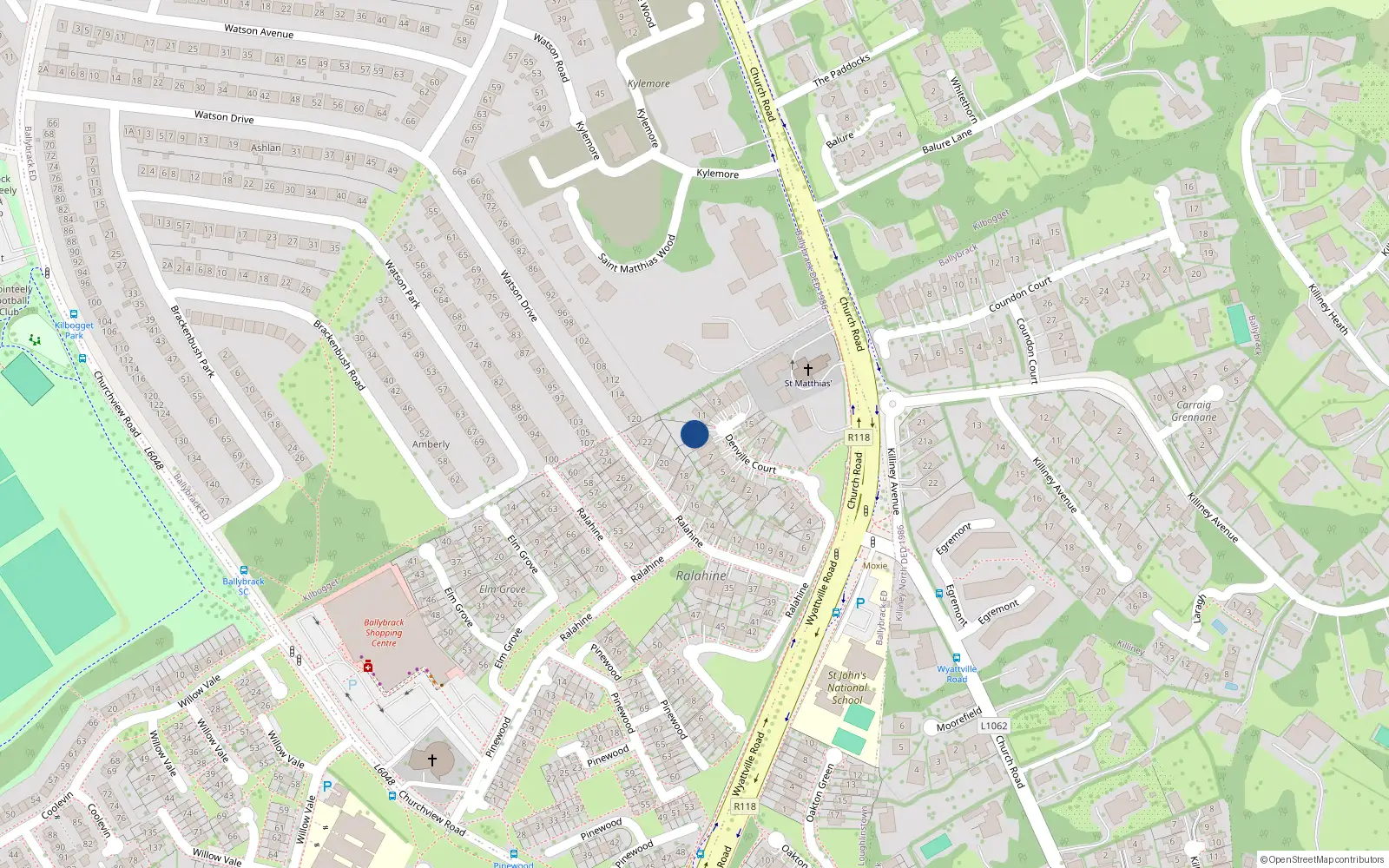 Overhead map showing the location of 10 Denville Court, Killiney