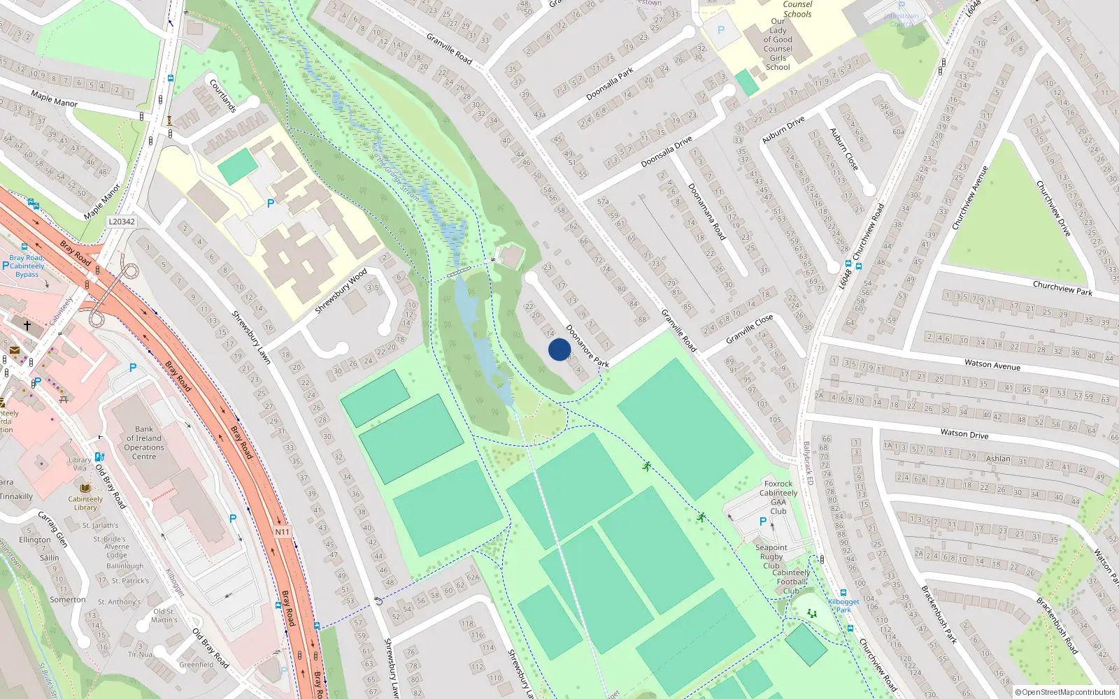 Overhead map showing the location of 10 Doonanore Park, Cabinteely, Dun Laoghaire