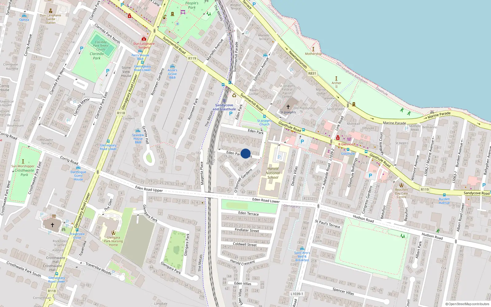 Overhead map showing the location of 10 Eden Park, Dun Laoghaire