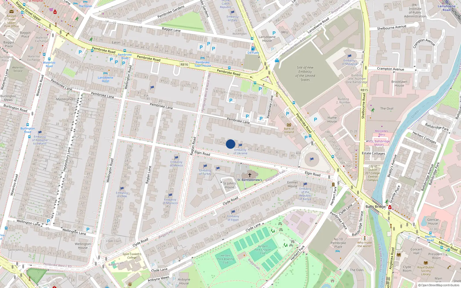 Overhead map showing the location of 10 Elgin Road, Dublin