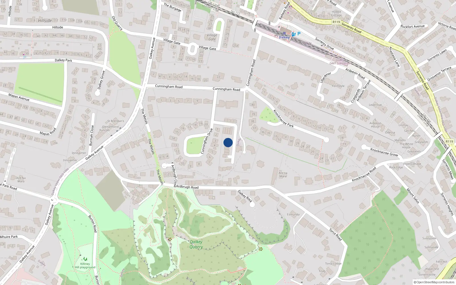 Overhead map showing the location of 10 Enderly, Cunningham Drive, Dalkey