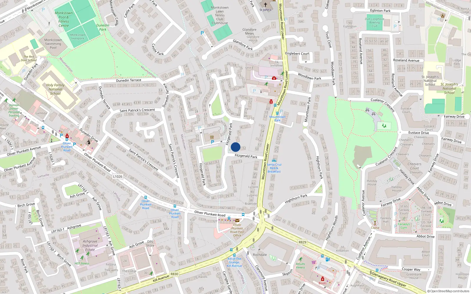 Overhead map showing the location of 10 Fitzgerald Park, Dun Laoghaire