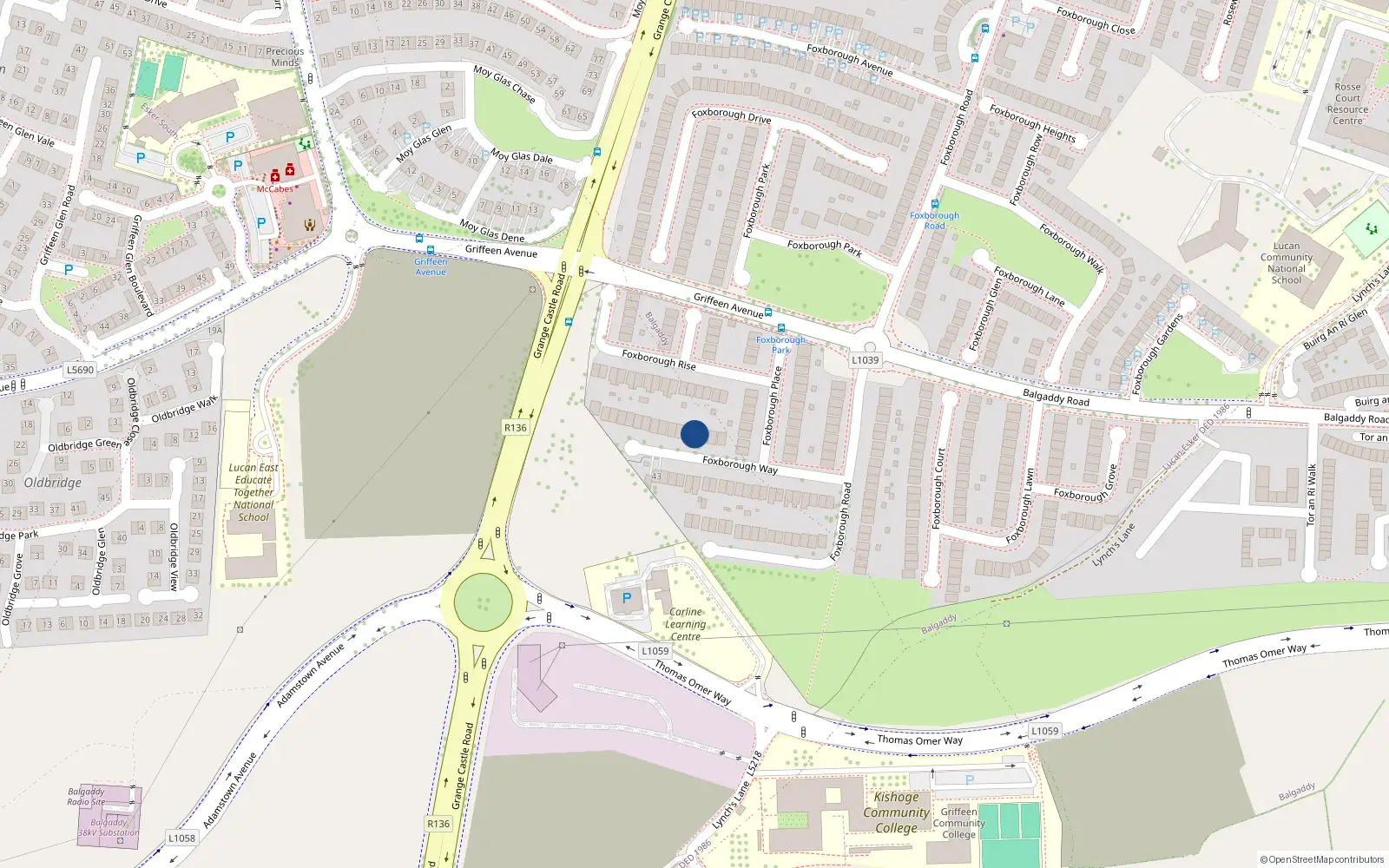 Overhead map showing the location of 10 Foxborough Way, Lucan
