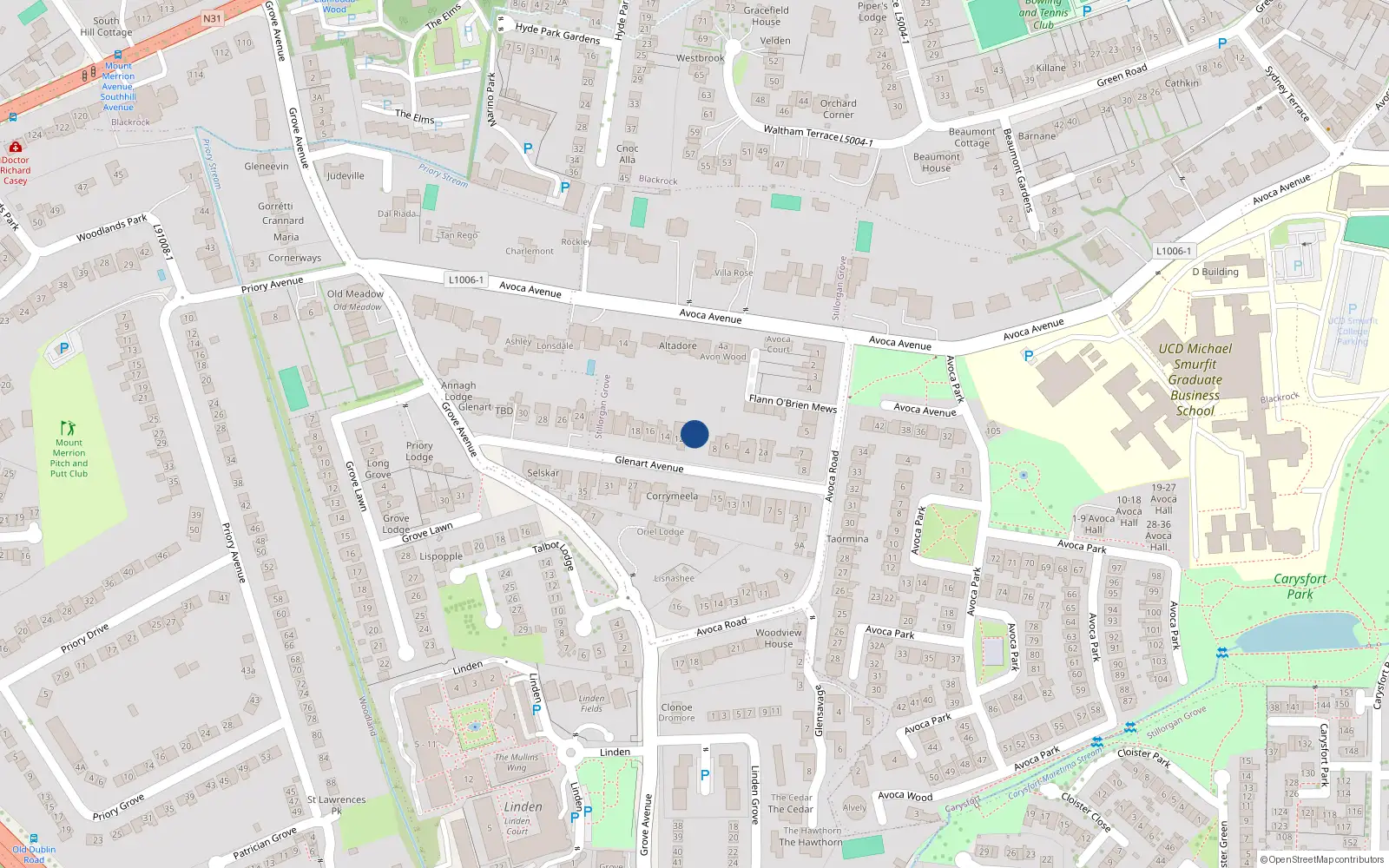 Overhead map showing the location of 10 Glenart Avenue, Blackrock