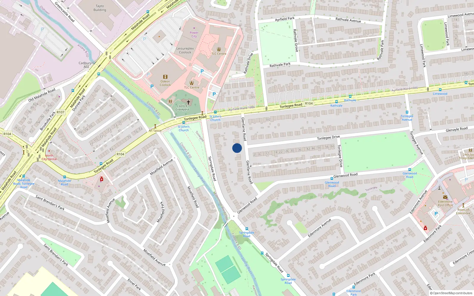 Overhead map showing the location of 10 Glenfarne Road, Raheny