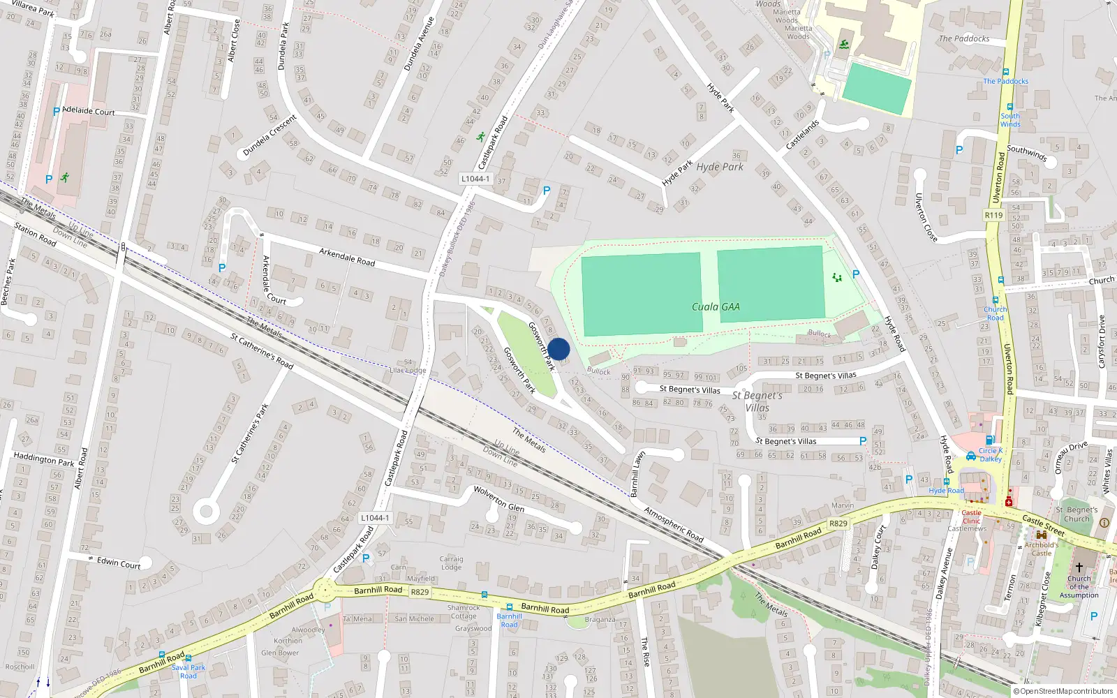 Overhead map showing the location of 10 Gosworth Park, Sandycove, Dublin