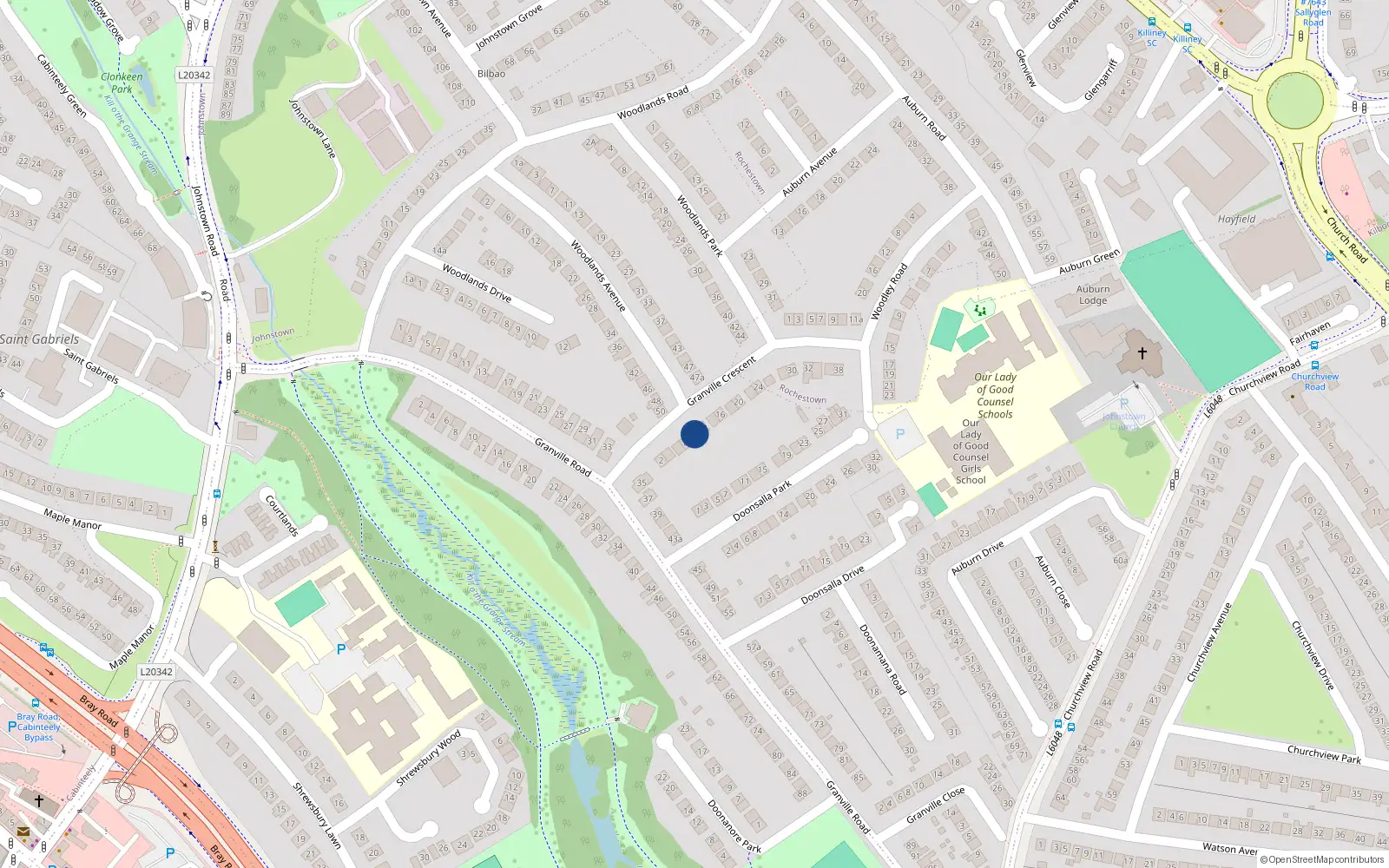 Overhead map showing the location of 10 Granville Crescent, Dun Laoghaire