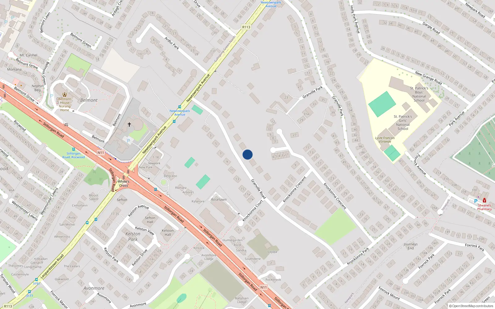 Overhead map showing the location of 10 Granville Road, Blackrock, Dublin