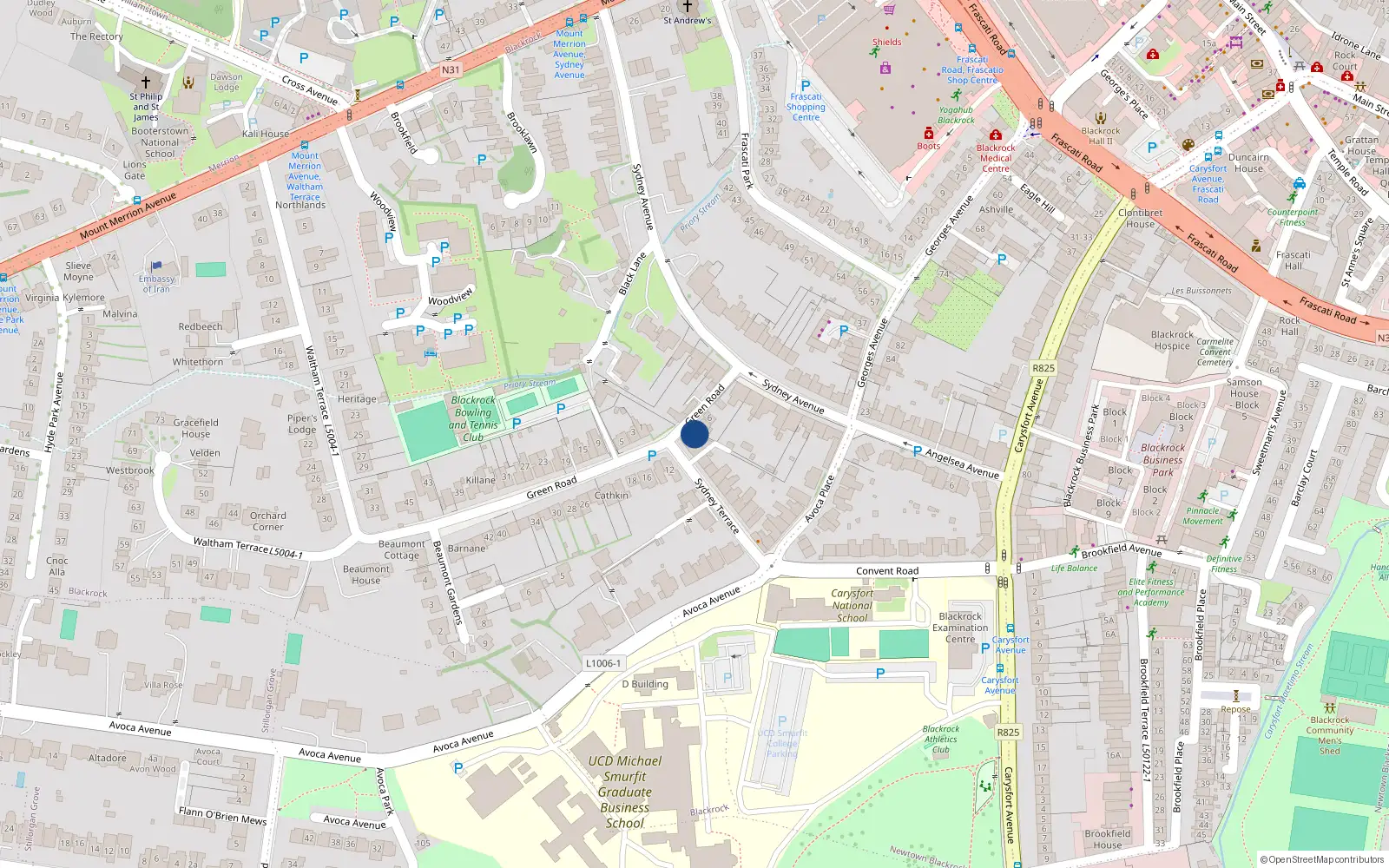 Overhead map showing the location of 10 Green Road, Blackrock, Dublin