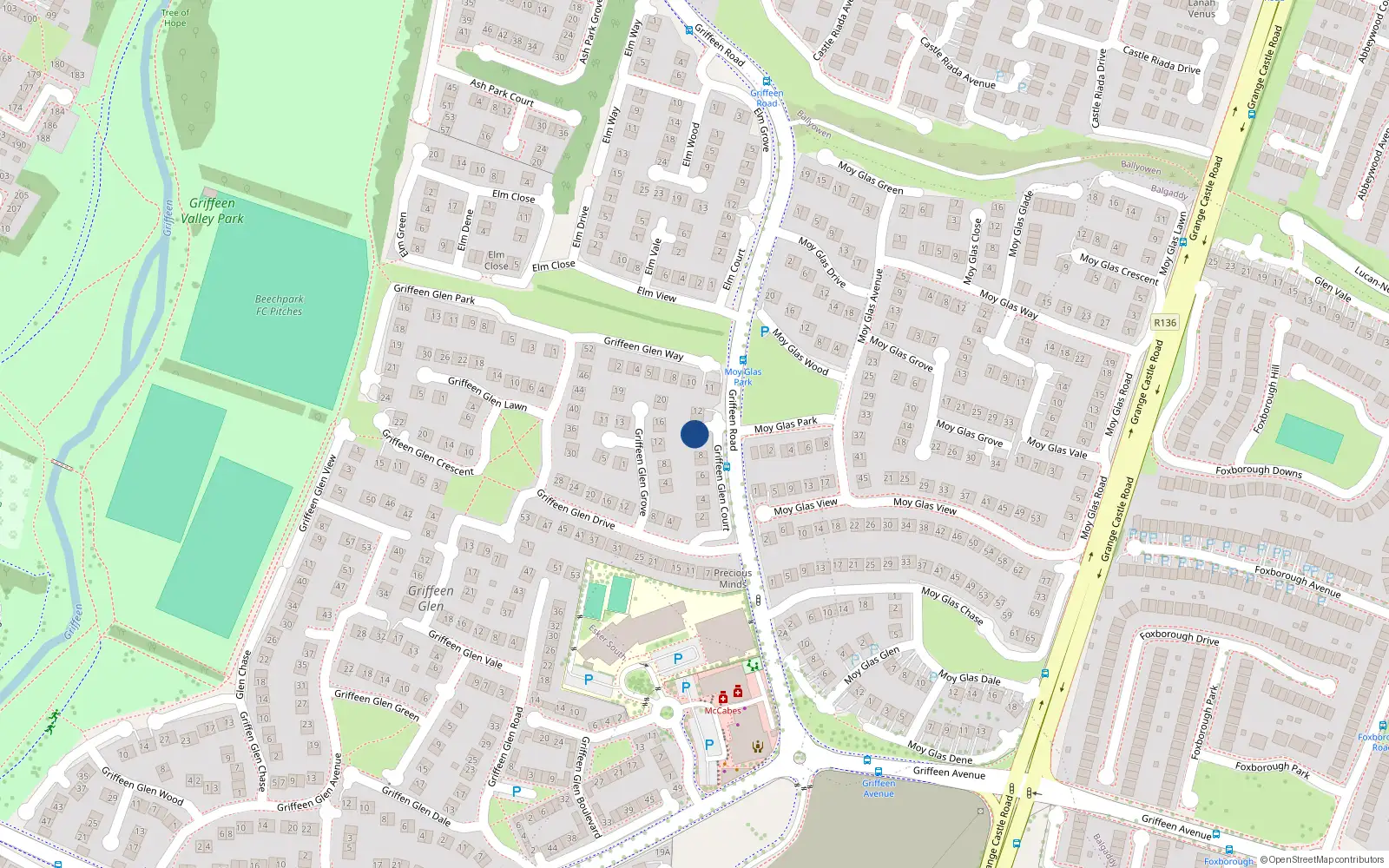 Overhead map showing the location of 10 Griffeen Glen Court, Lucan, Dublin