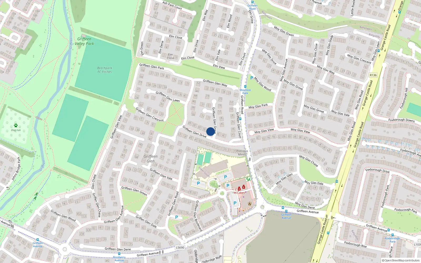 Overhead map showing the location of 10 Griffeen Glen Drive, Griffeen Valley, Lucan