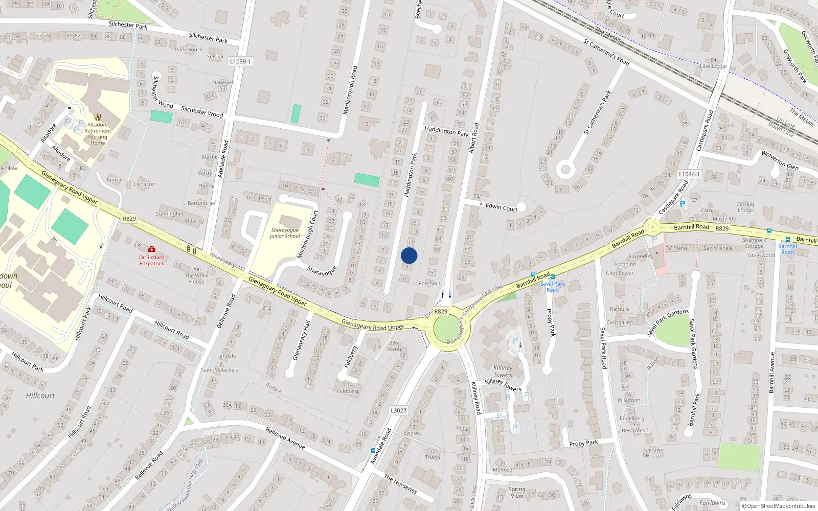 Overhead map showing the location of 10 Haddington Lawn, Dublin