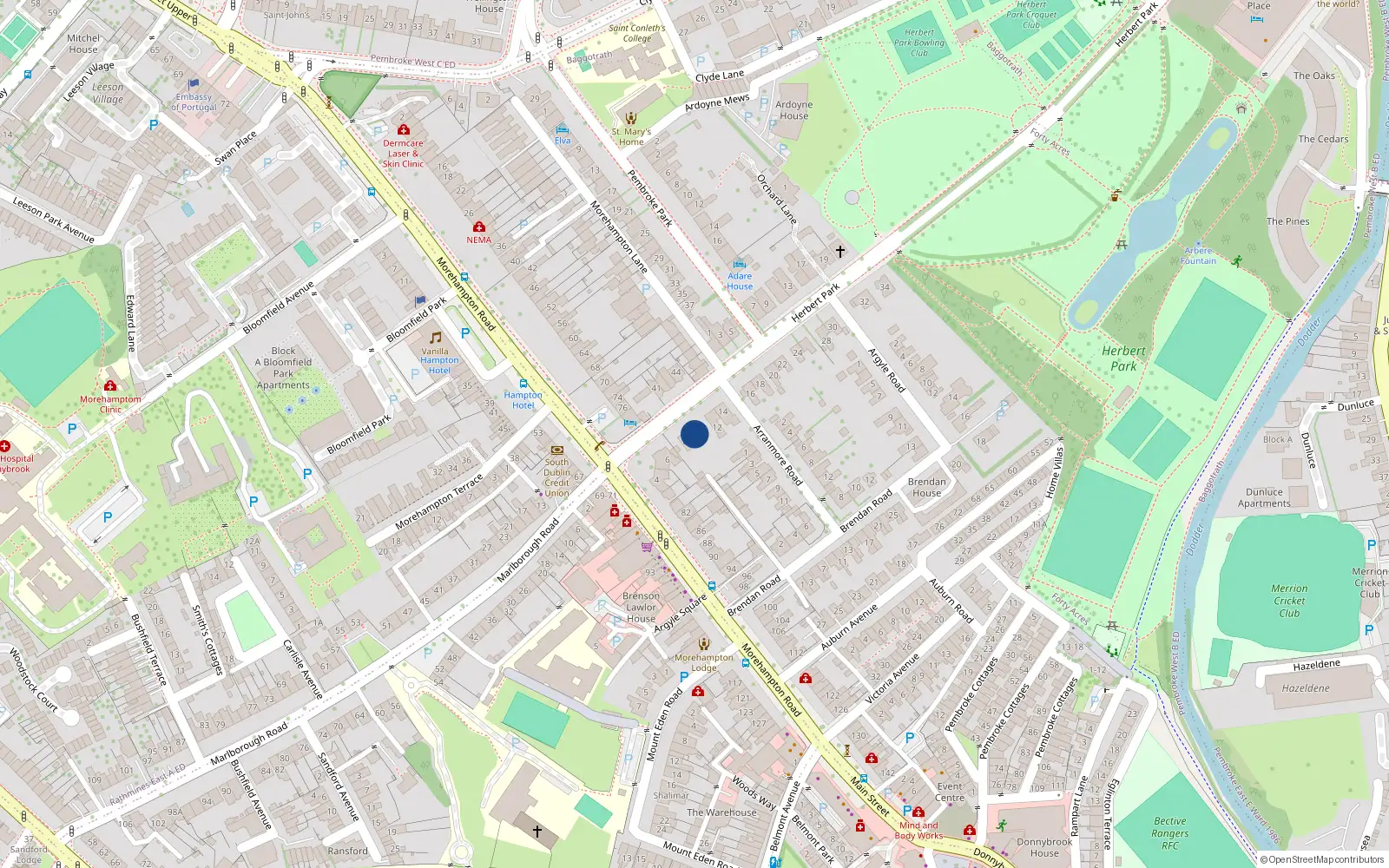 Overhead map showing the location of 10 Herbert Park, Dublin 4