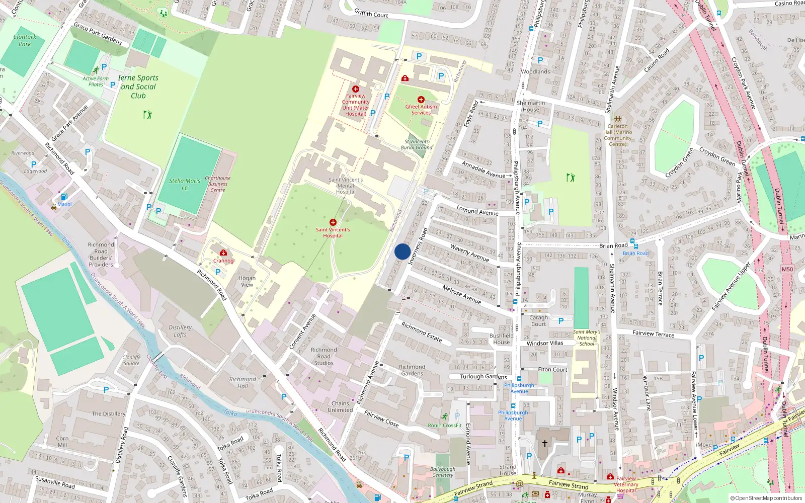 Overhead map showing the location of 10 Inverness Road, Dublin 3