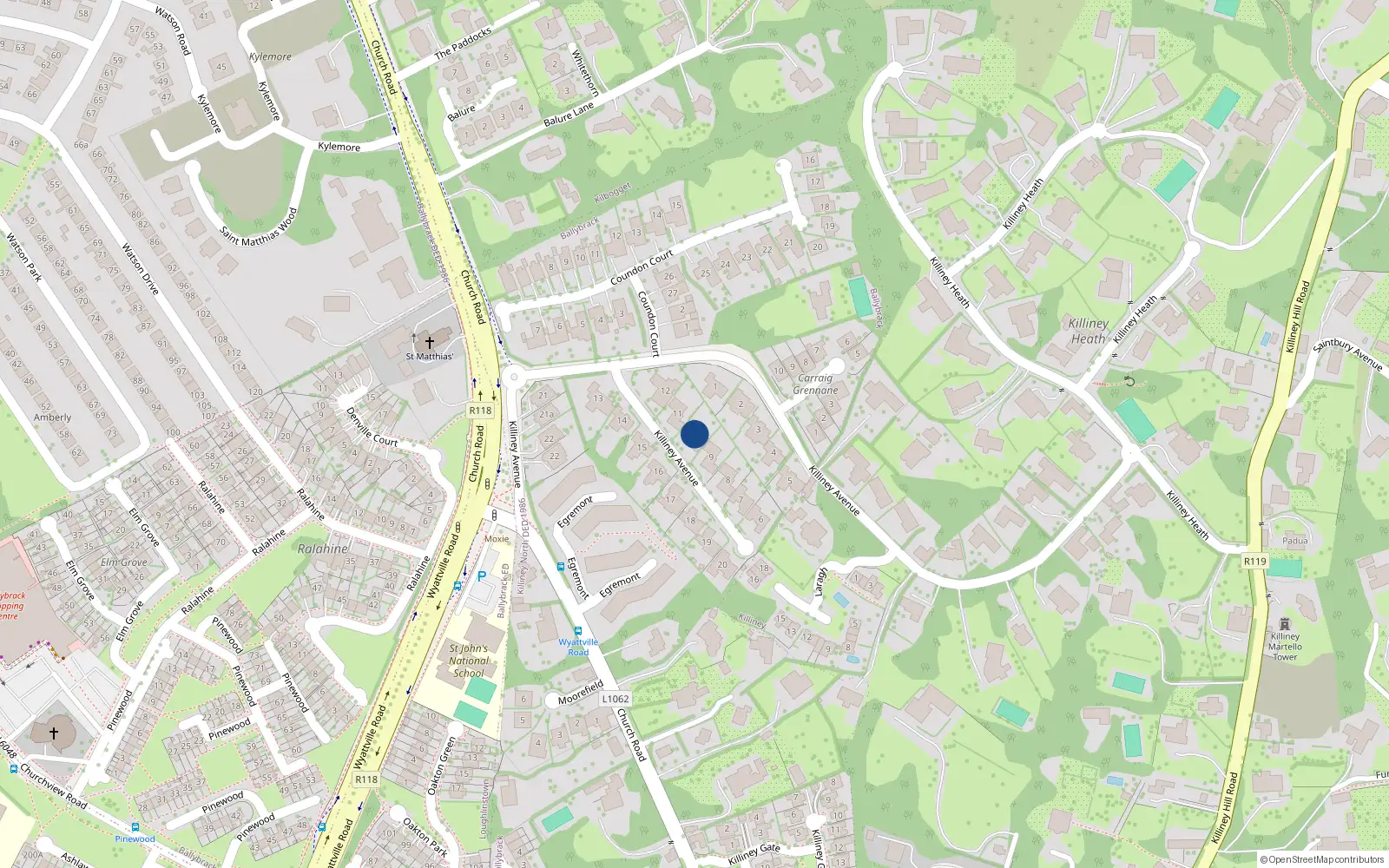 Overhead map showing the location of 10 Killiney Avenue, Killiney