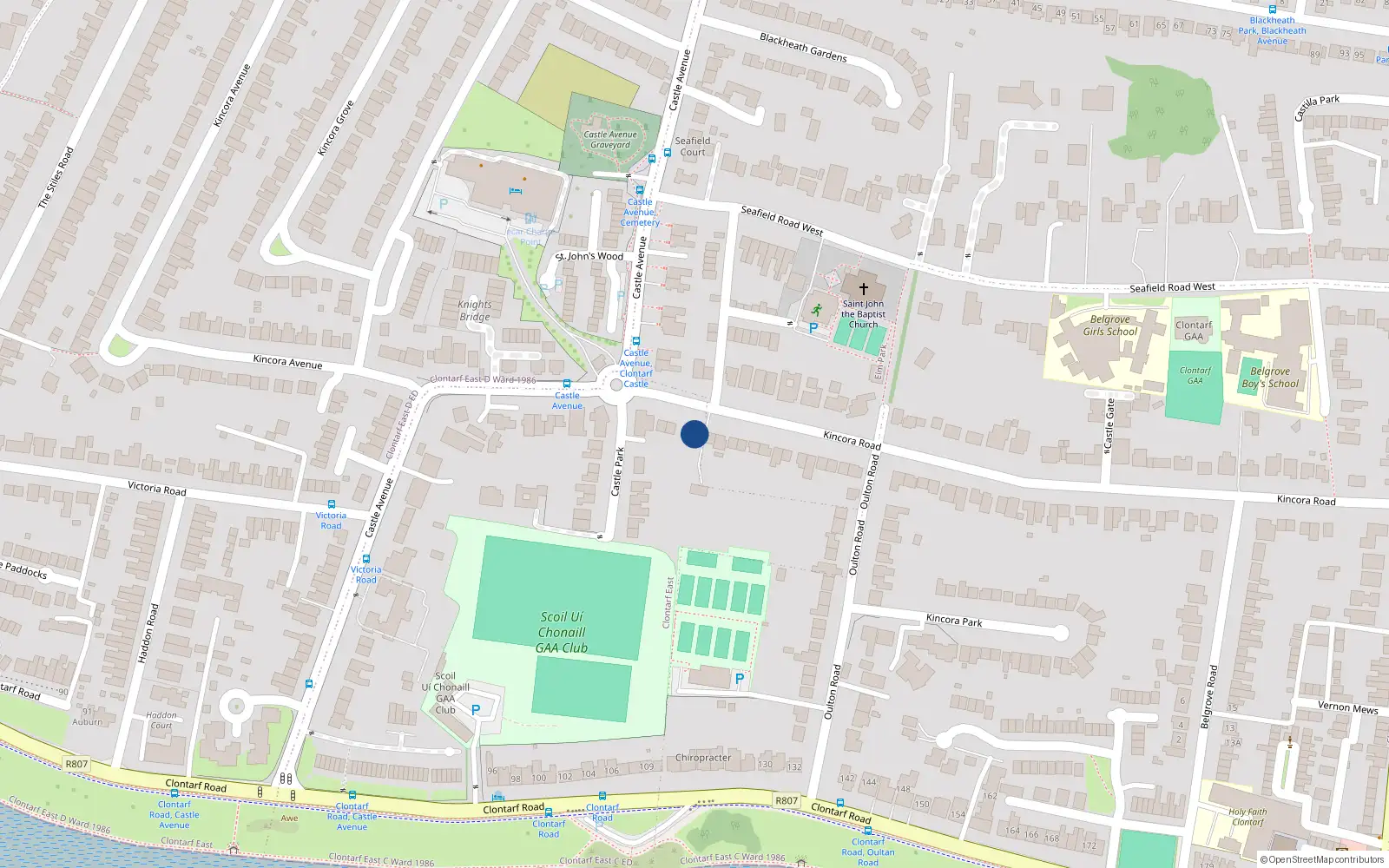 Overhead map showing the location of 10 Kincora Road, Clontarf, Dublin 3