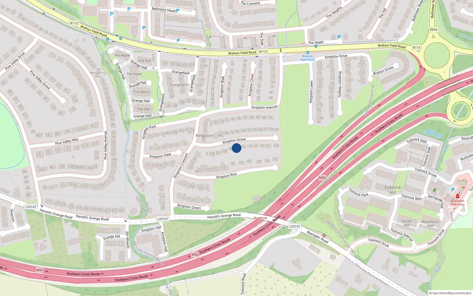 Overhead map showing the location of 10 Kingston Grove, Dublin 16