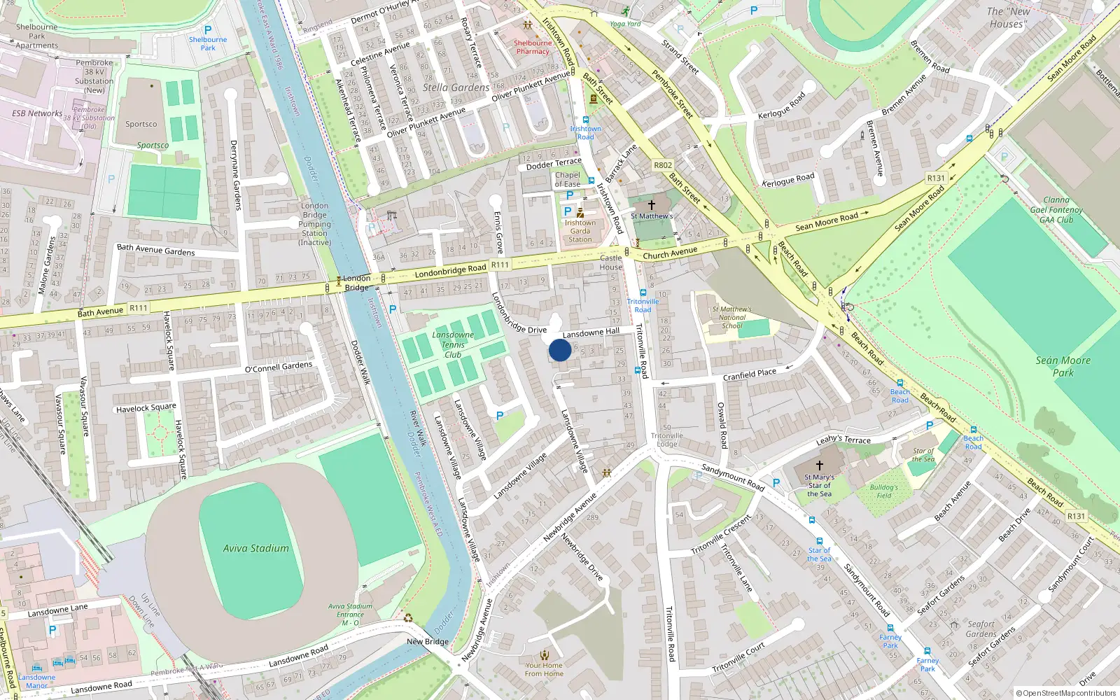 Overhead map showing the location of 10 Lansdowne Hall, Irishtown