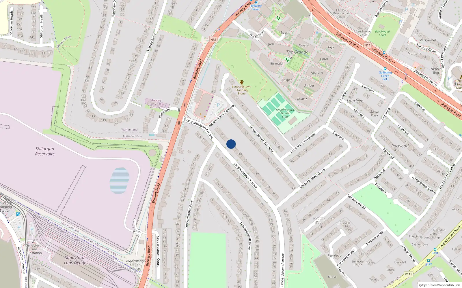 Overhead map showing the location of 10 Leopardstown Avenue, Dublin