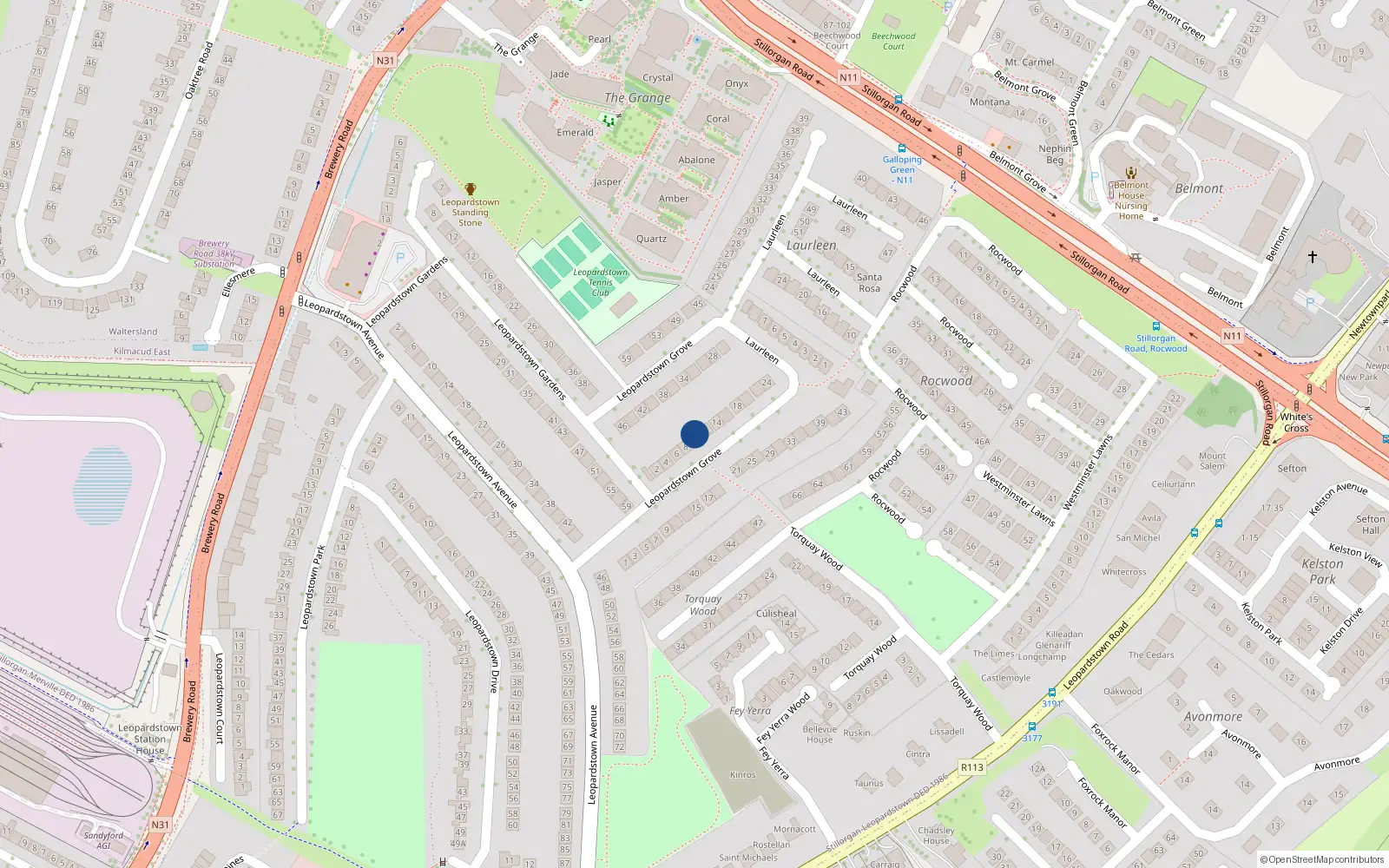 Overhead map showing the location of 10 Leopardstown Grove, Dublin