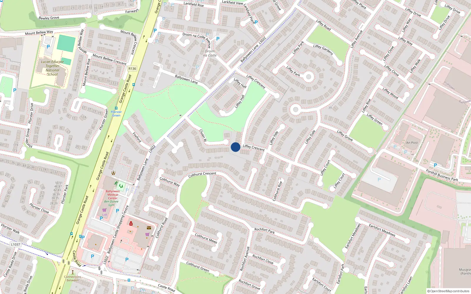 Overhead map showing the location of 10 Liffey Crescent, Liffey Valley Park, Lucan