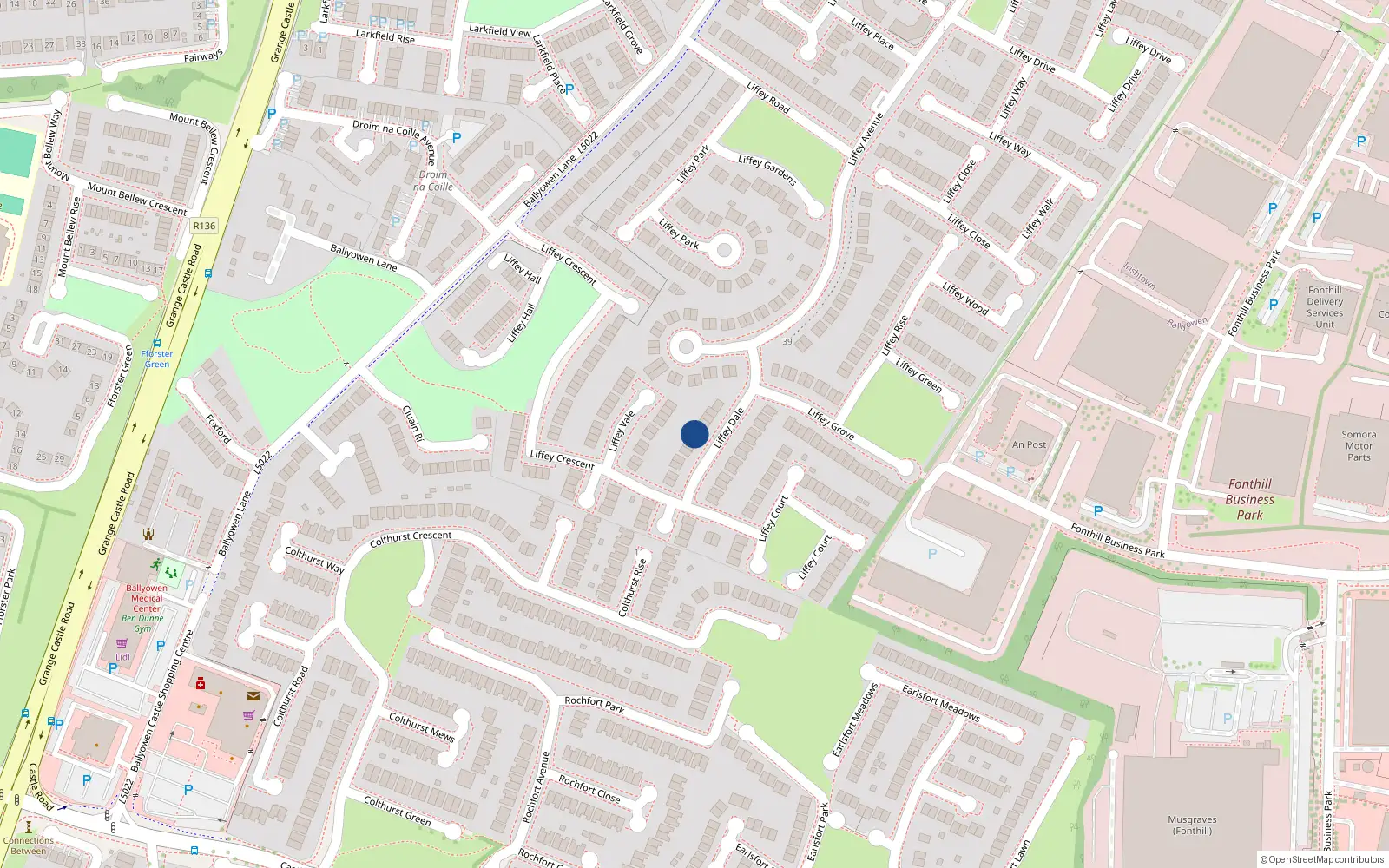 Overhead map showing the location of 10 Liffey Dale, Liffey Valley Park, Lucan