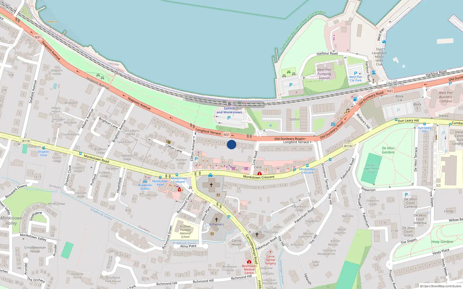 Overhead map showing the location of 10 Longford Terrace, Monkstown, Dublin