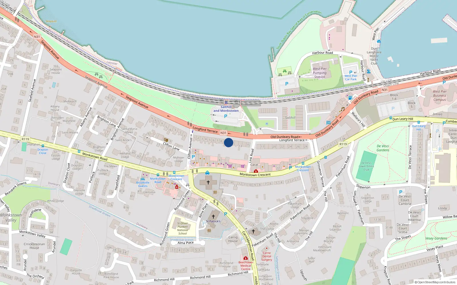 Overhead map showing the location of 10 Longford Terrace, Monkstown